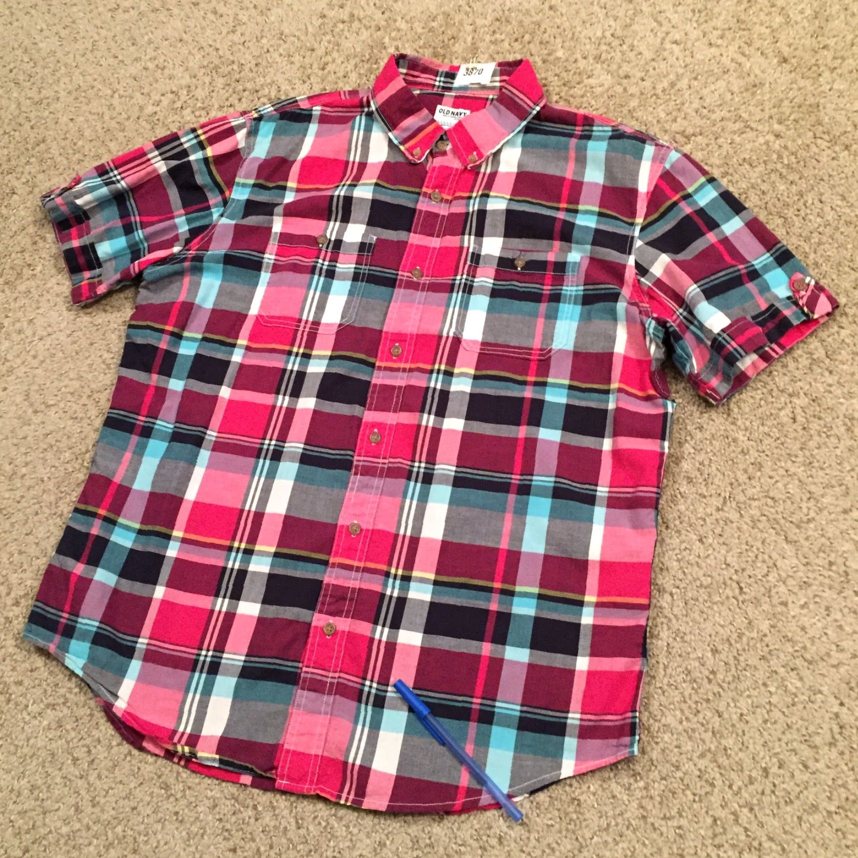 Old Navy Old Navy Button-Up Shirt Mens L Slim Fit Pink Plaid Short Sleeve Pockets Size US L / EU 52-54 / 3 - 2 Thumbnail
