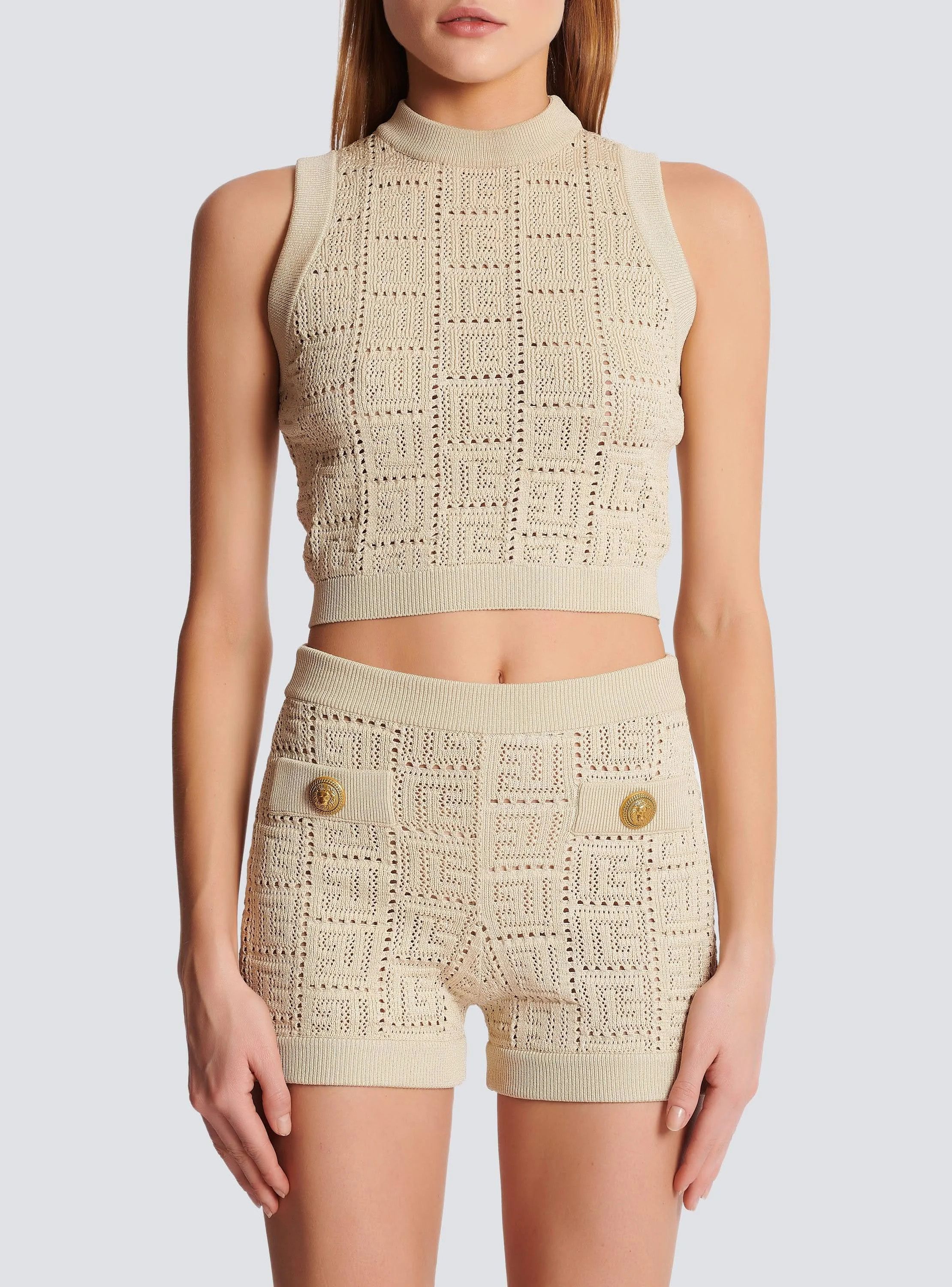 Balmain o1s1rm0624 Monogrammed Openwork Knit Top in Beige Size S / US 4 / IT 40 - 10 Thumbnail
