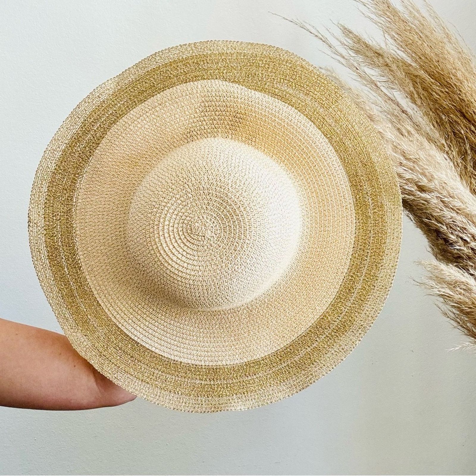 Vintage VINTAGE NORDSTROM Cream Tan Straw Brim Floppy Gold Sun Hat Size ONE SIZE - 4 Thumbnail