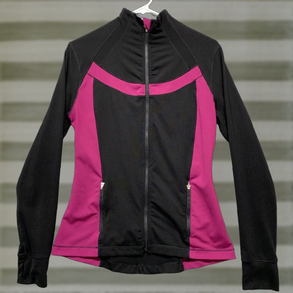 Vintage Old Navy Active Jacket Women’S M Black Pink Full Zip Thumb Holes Zip Pockets Colorblock Sports, Women's (Size Medium)