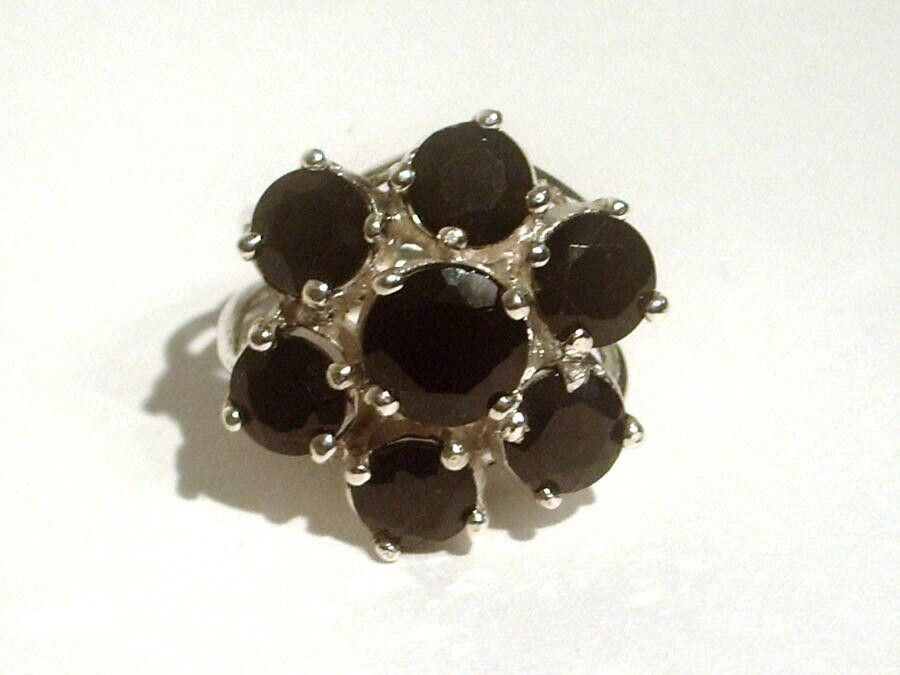 Designer Sterling Silver Flower Cocktail Ring with Faceted Black Onyx Size ONE SIZE - 1 Thumbnail