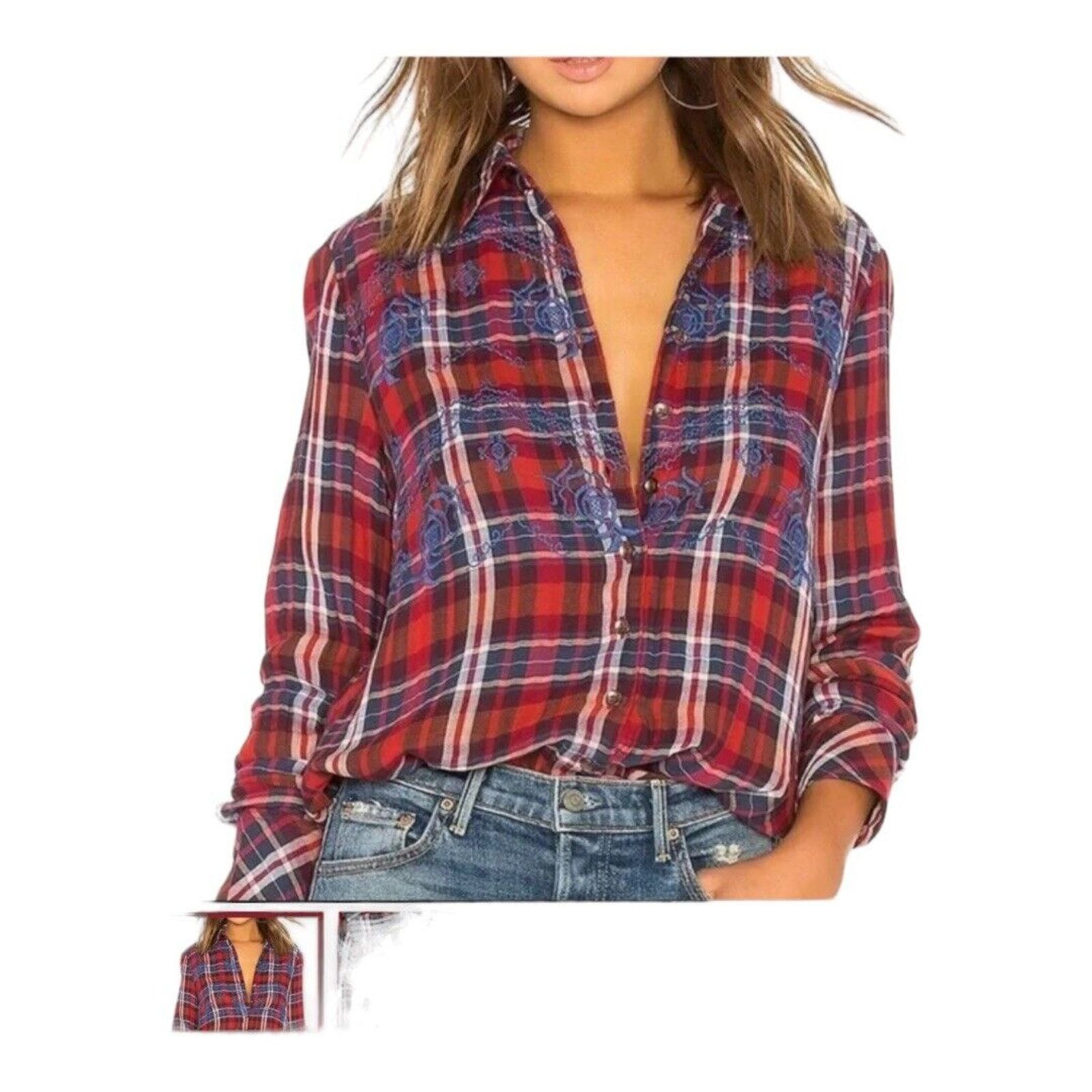 Free People Free People Magical Plaid Embroidered Shirt Flannel Size M / US 6-8 / IT 42-44 - 1 Thumbnail
