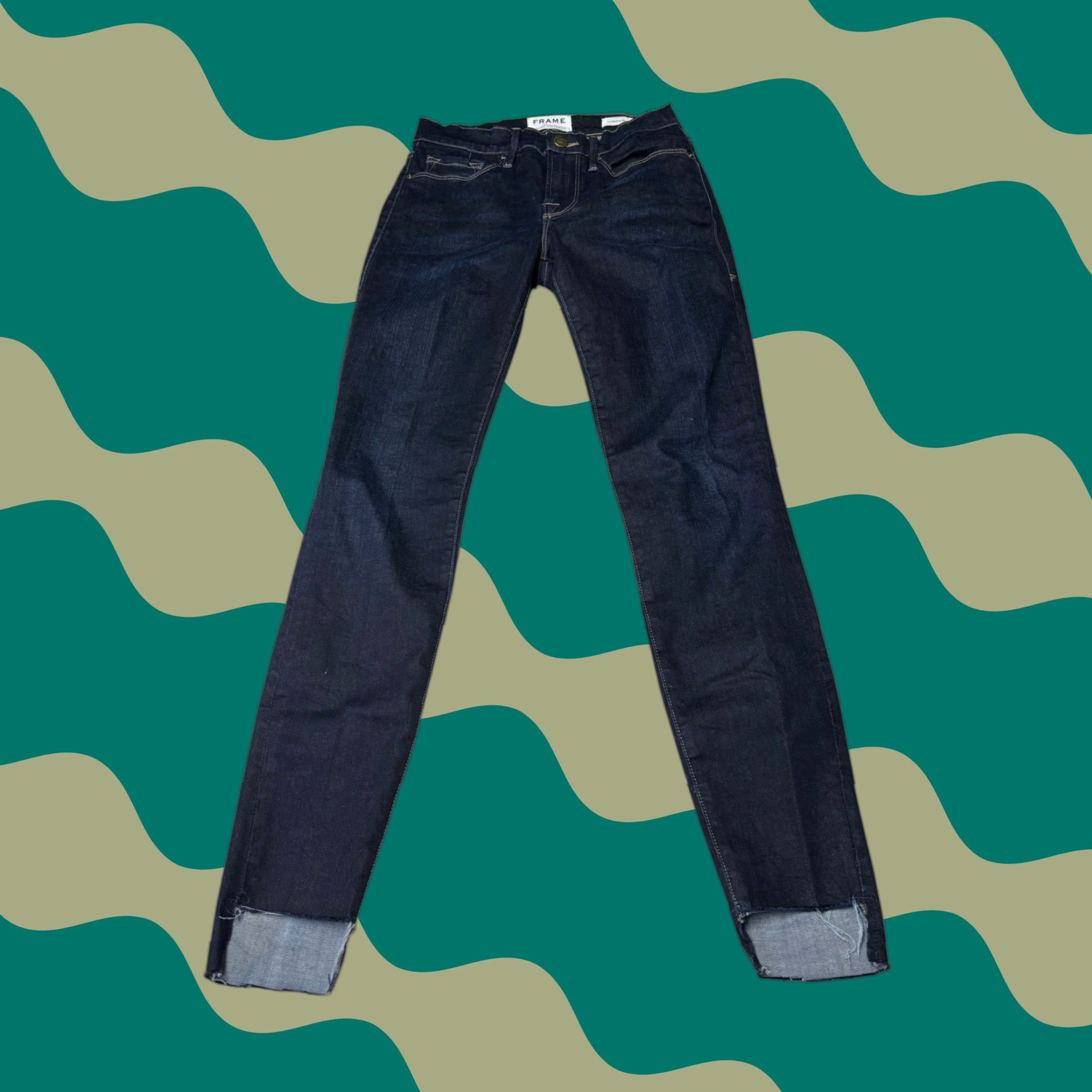 Frame FRAME Le Skinny de Jeanne Edgerton Dark Wash Jeans 25X28 Women Regular 5-Pocket Denim Slim Stretch Distressed Button Zip Blue Size 42" / US 20 - 1 Thumbnail