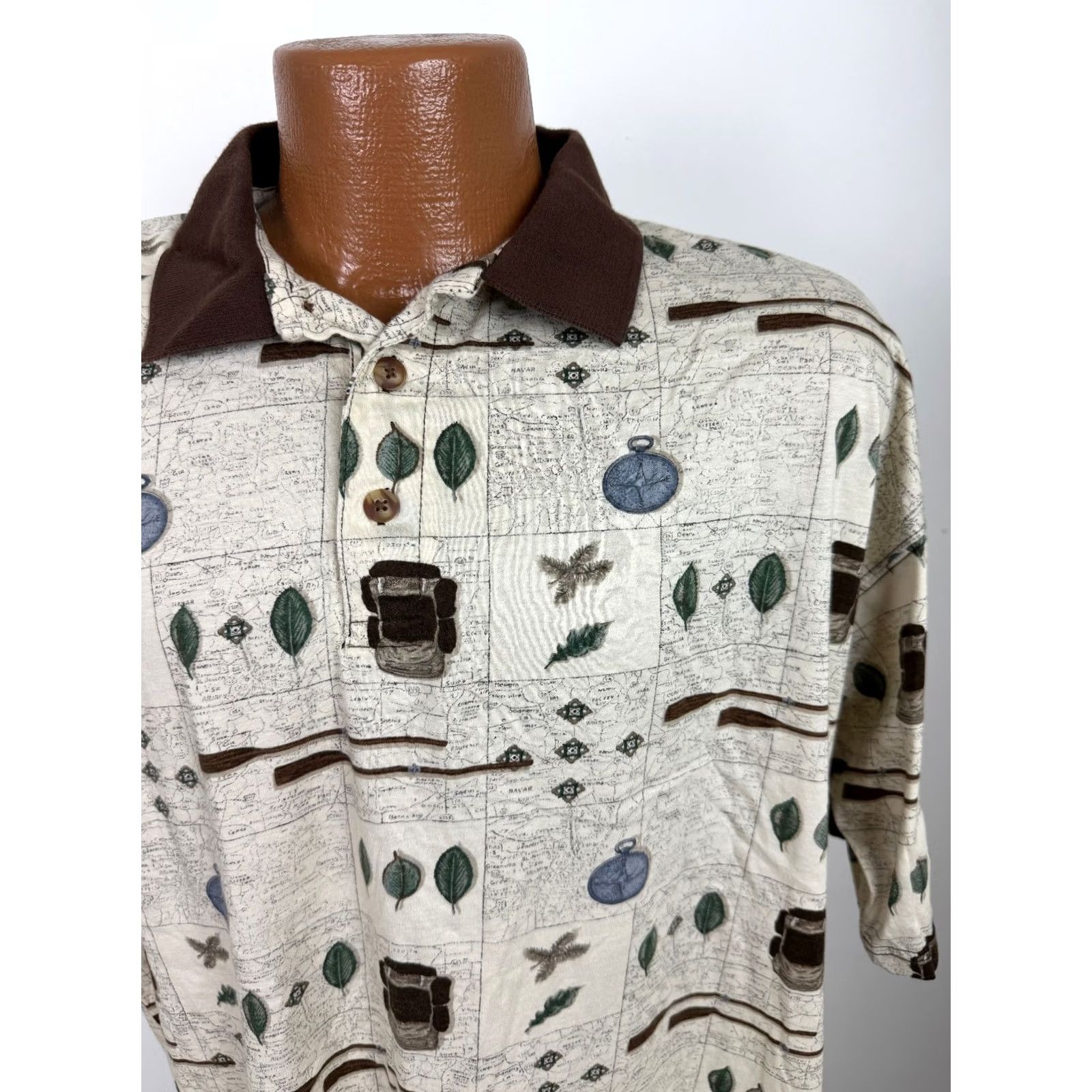 Cherokee VINTAGE Cherokee Polo Shirt Men L Beige Cotton 90s Nature Outdoor Hiking Map Graphic Print Polo Shirt Womens? Size US L / EU 52-54 / 3 - 3 Thumbnail