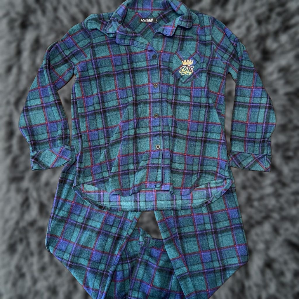 Ralph Lauren VINTAGE Ralph Lauren Pajama Set Womens Large Green Plaid Flannel 2pc Sleepwear Size ONE SIZE - 1 Thumbnail