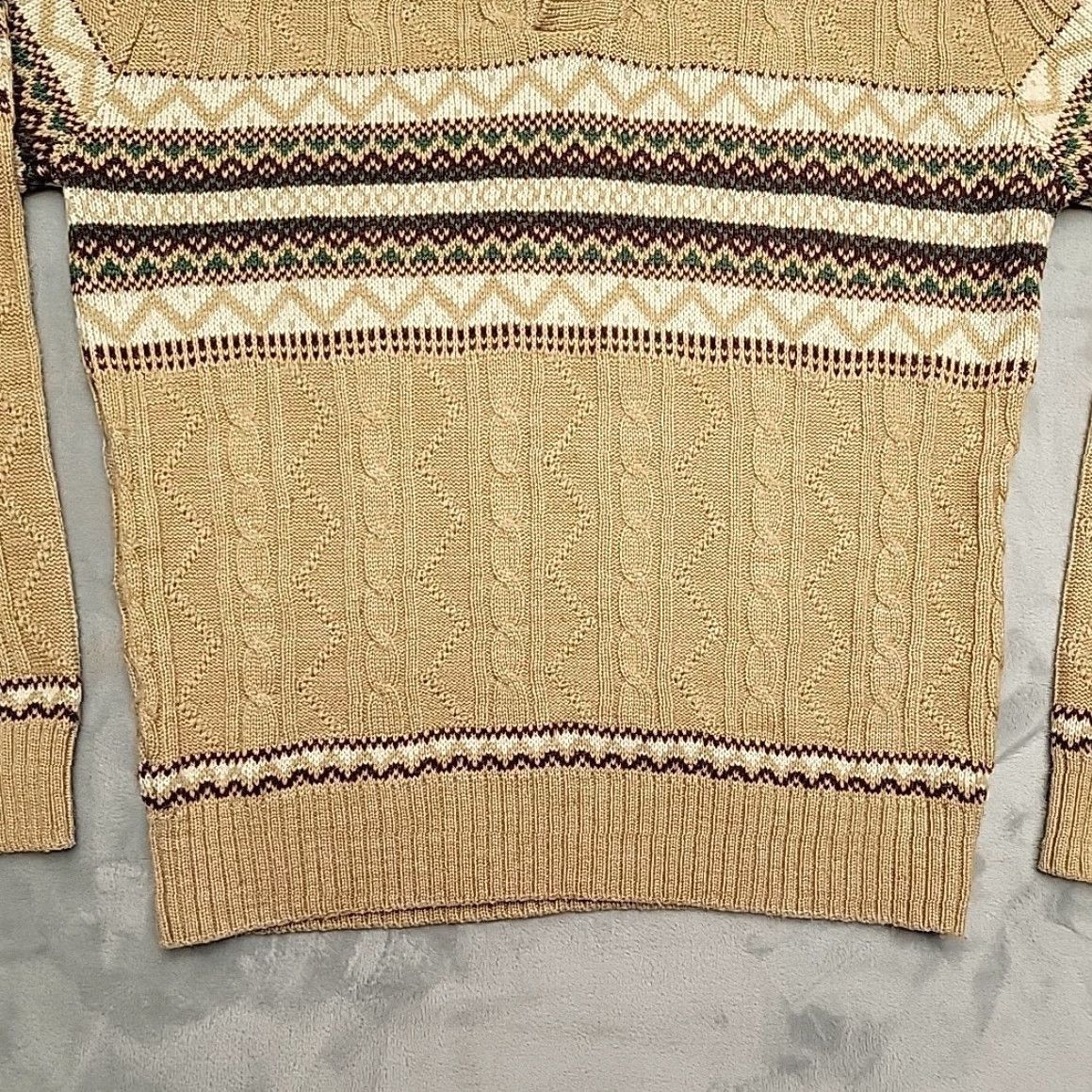 JCPenney VINTAGE JCPenney Sweater Mens M Tan Cable-Knit Fair Isle Outdoors Retro Preppy Men’s M Brown Casual V-Neck Knit Pullover Size US M / EU 48-50 / 2 - 2 Thumbnail