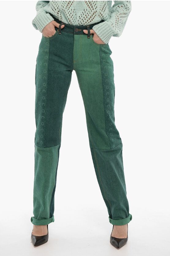 Marine Serre og1mm0724 Patchwork Effect Regular Jeans in Green Size 26" / US 2 / IT 38 - 1 Thumbnail