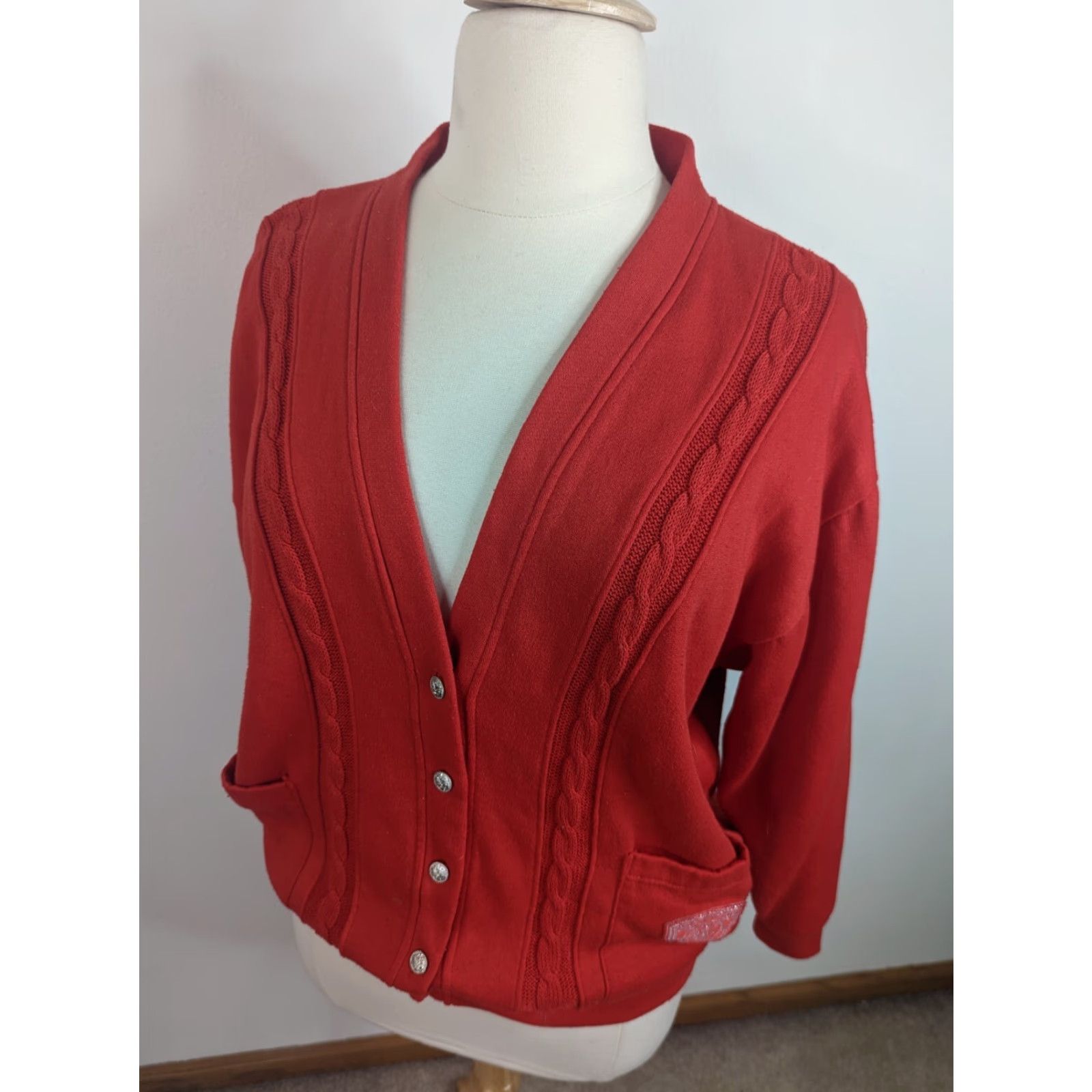 Vintage VINTAGE 90s Gitano Red Sweatshirt Cardigan Cable-Knit Sweater XL 1X Women’s Red Wool Blend Size XL / US 12-14 / IT 48-50 - 2 Thumbnail