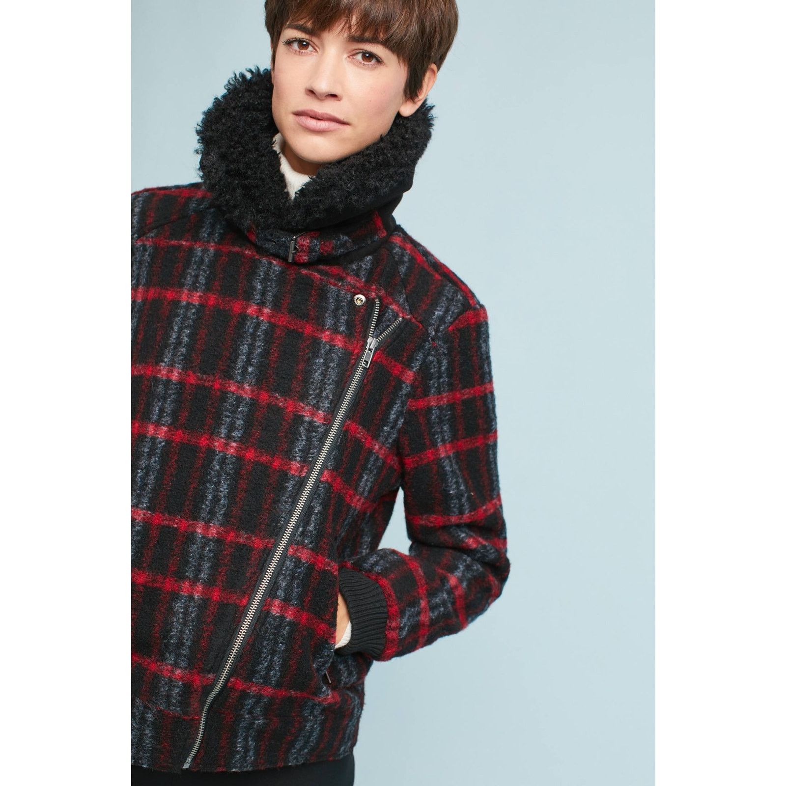 Anthropologie Anthropologie Plaid Shearling MotoJacket Greylin $225 SMALL Size S / US 4 / IT 40 - 1 Thumbnail