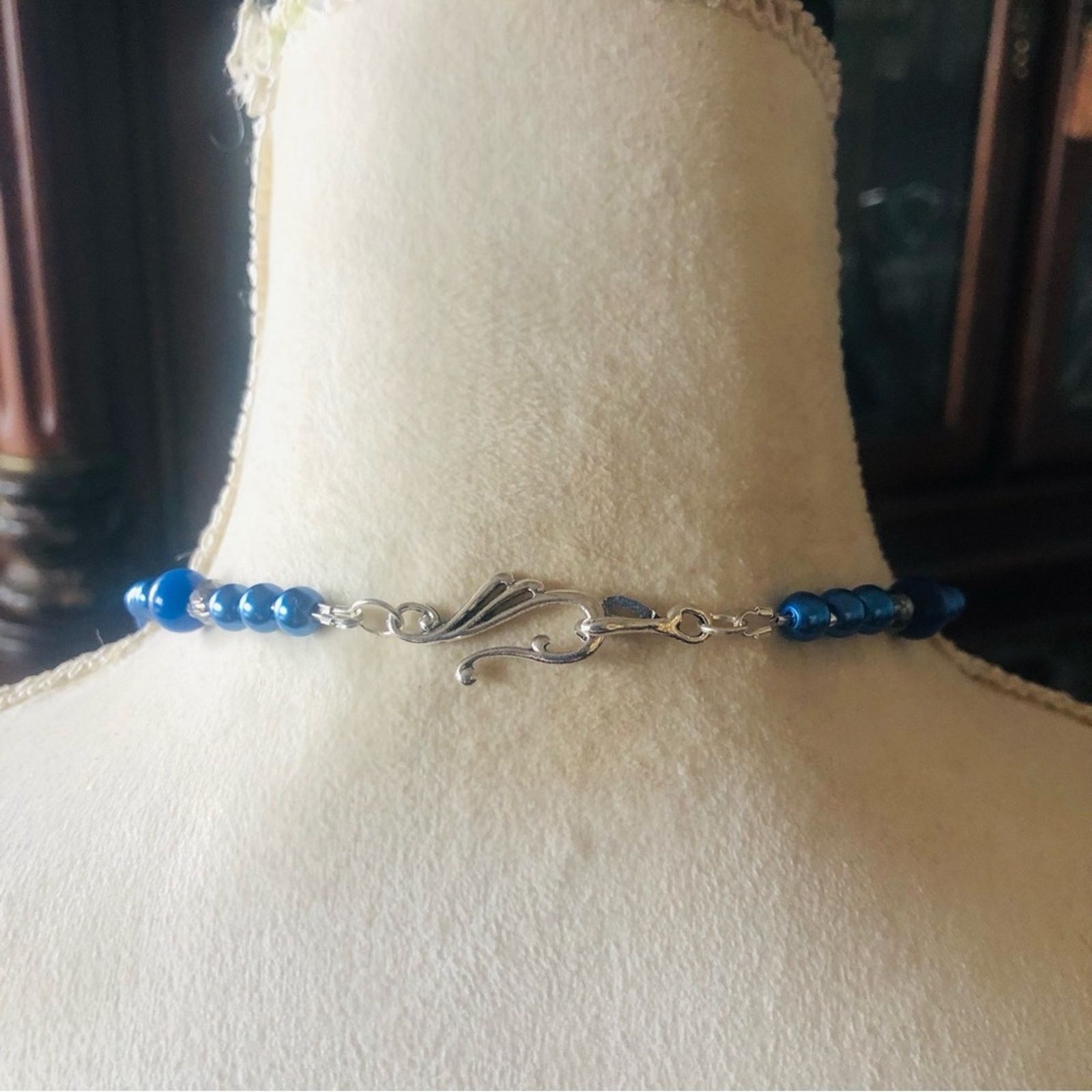 Handmade Handcrafted blue tone vintage bead pearl necklace Size ONE SIZE - 7 Thumbnail