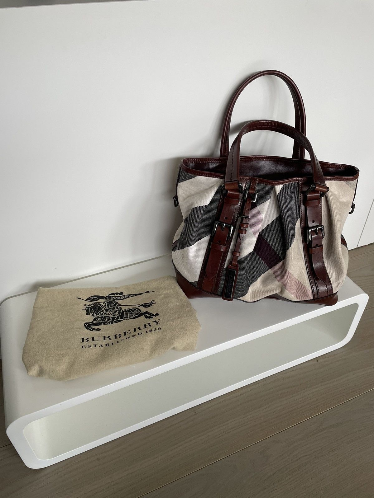 image of Burberry Brown Mega Check Canvas Lowry Tote Bag, Women's