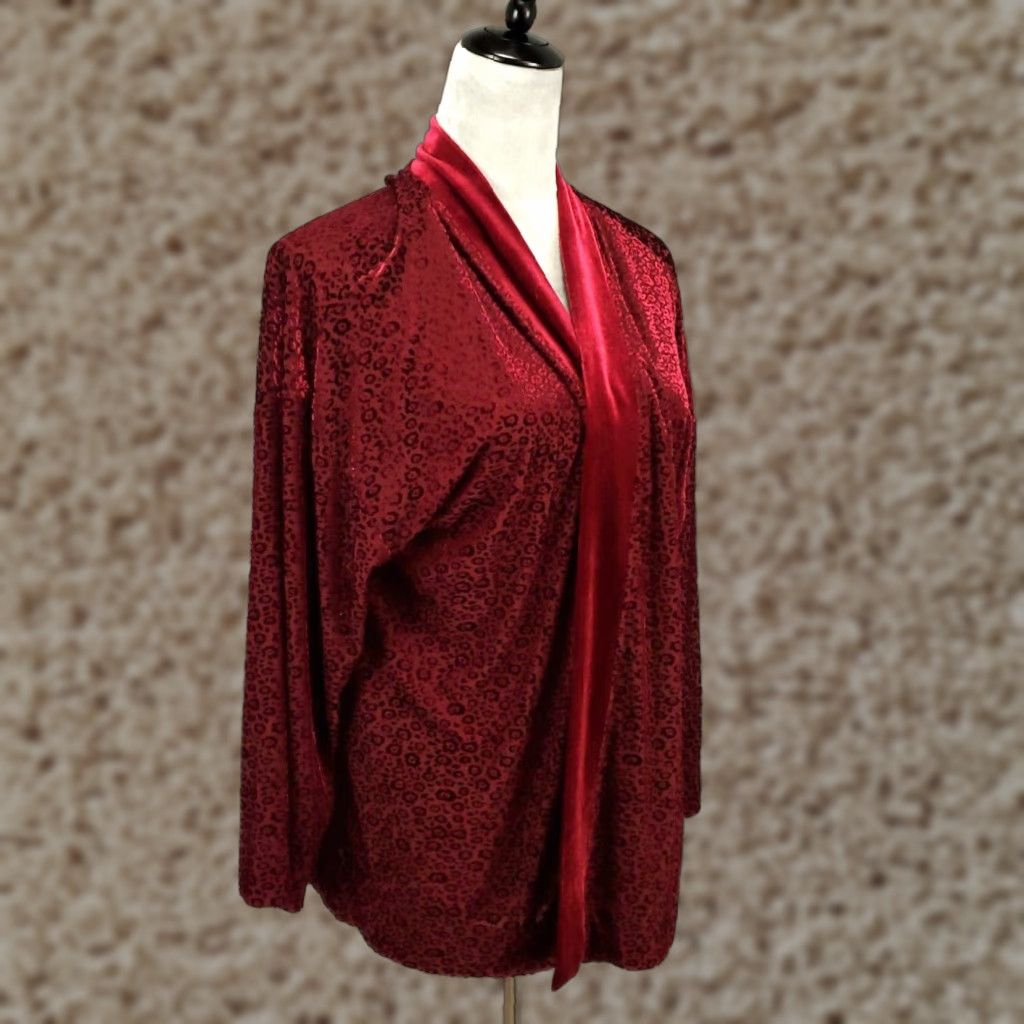 Isaac Mizrahi Womens Velvet Cardigan Size Large Burgundy Animal Print Open Front Soft Comfort Size L / US 10 / IT 46 - 1 Thumbnail