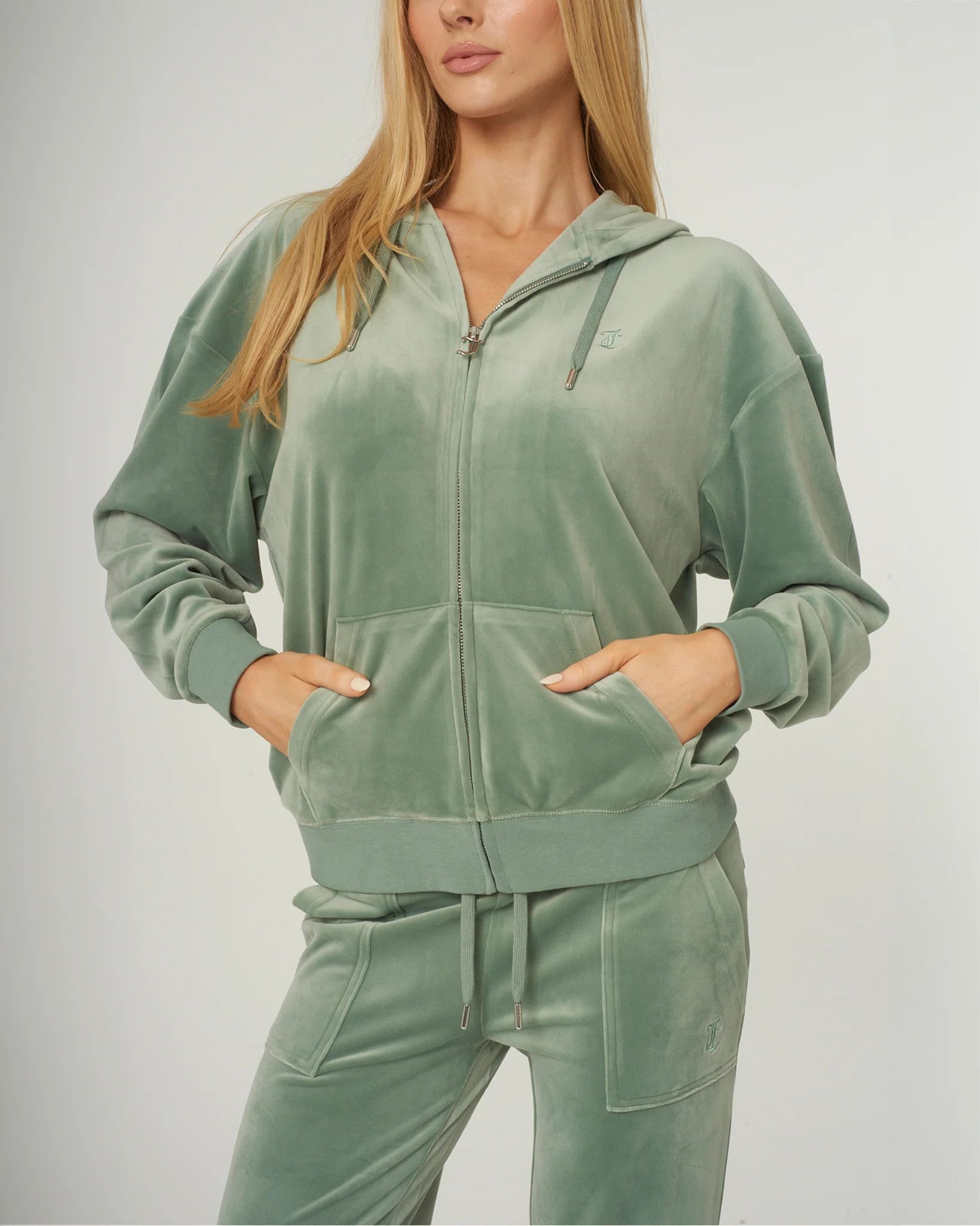 slim fit dress slacks Juicy Couture Green Velour Ruffle Trim Maxi | Gently Used main image 1