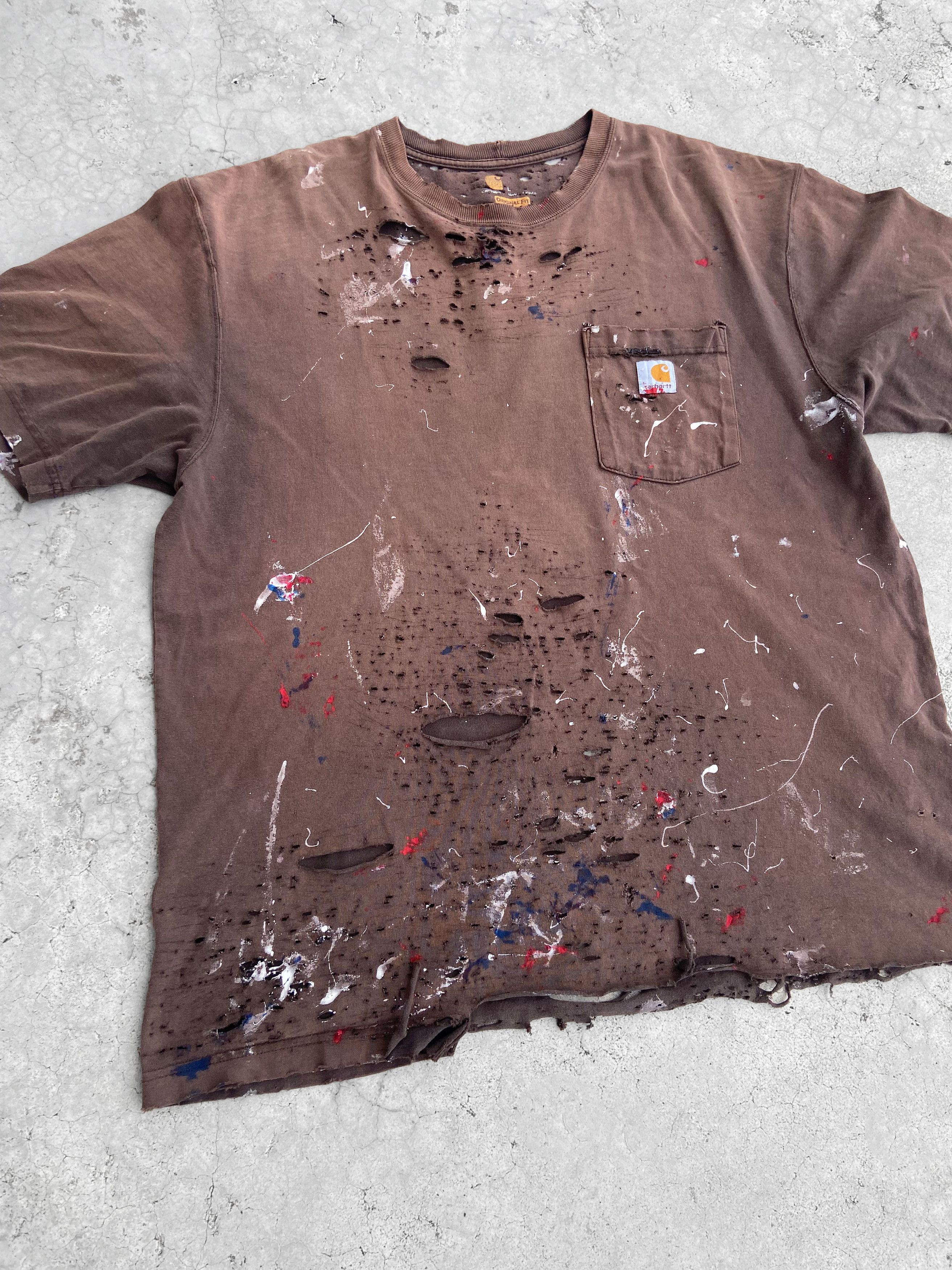image of Carhartt T-Shirt Sun Fade Thrashed Distressed Pocket in Brown, Men's (Size Large)