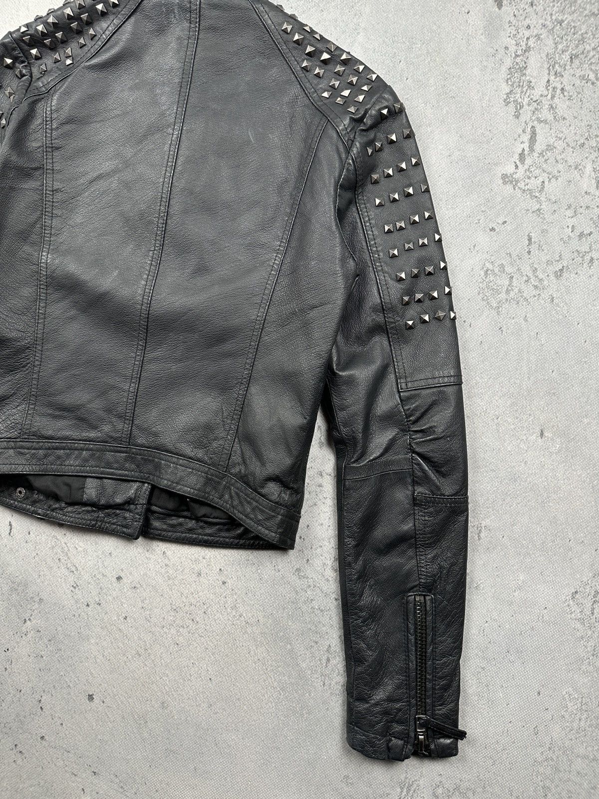 Genuine Leather Never Denim Studded Leather Biker Jacket Black Punk Moto Y2K Size S / US 4 / IT 40 - 4 Thumbnail