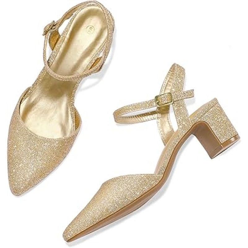 Other Mysoft Women's 10 Gold Glitter Pointy Toe Block Heel Shoes Size US 10 / IT 40 - 4 Thumbnail