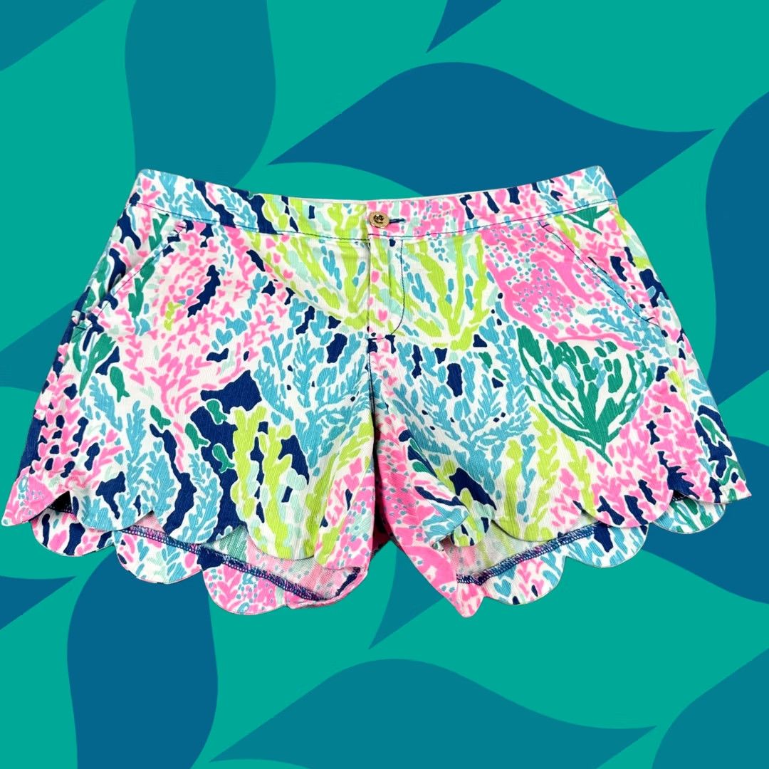 Lilly Pulitzer Buttercup Shorts Cotton Let's Cha Cha Indigo Womens 4 Shorts Multicolor Floral Full, Women's (Size 27)