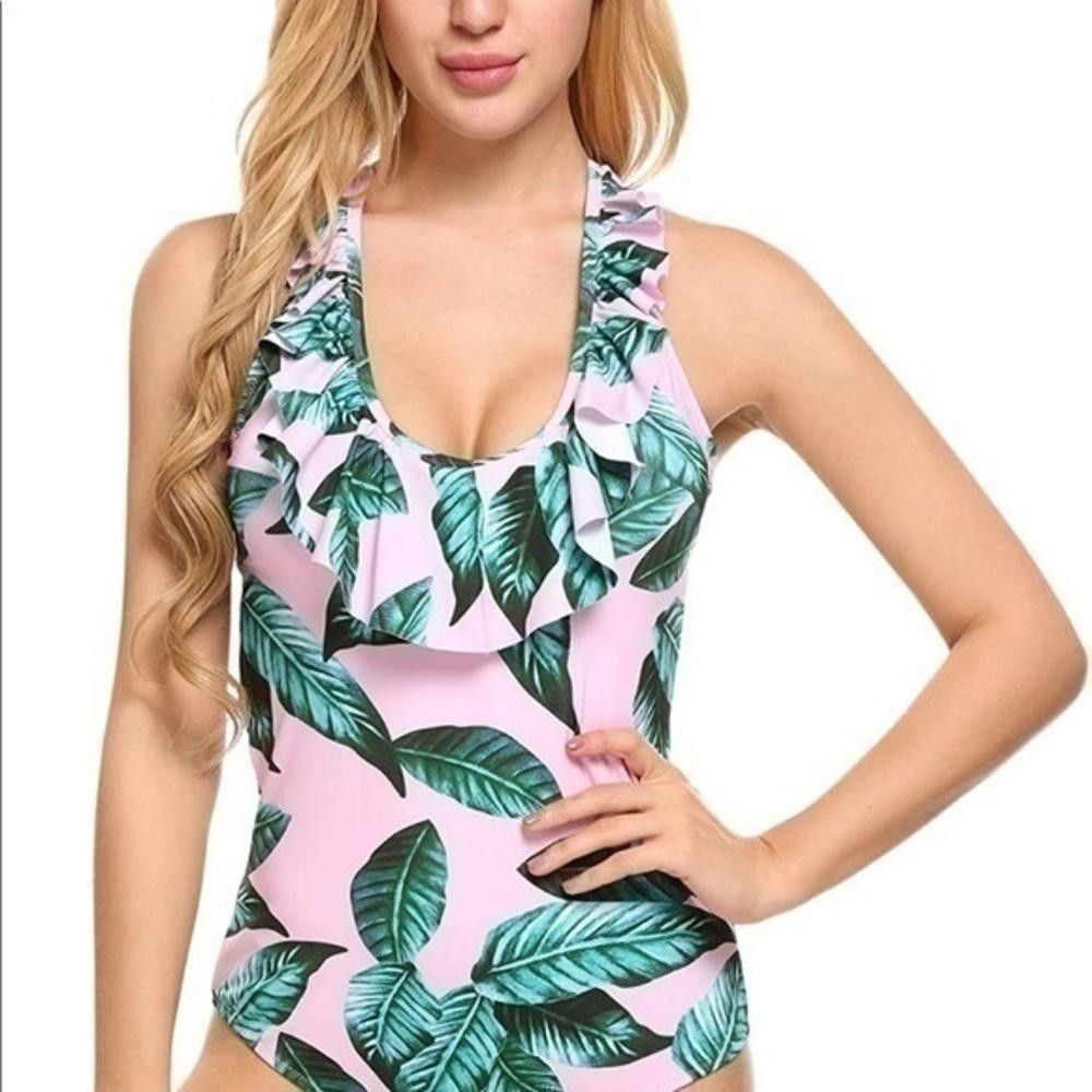 Designer Ruffle one piece swimsuit- palm leaf print Size ONE SIZE - 2 Thumbnail