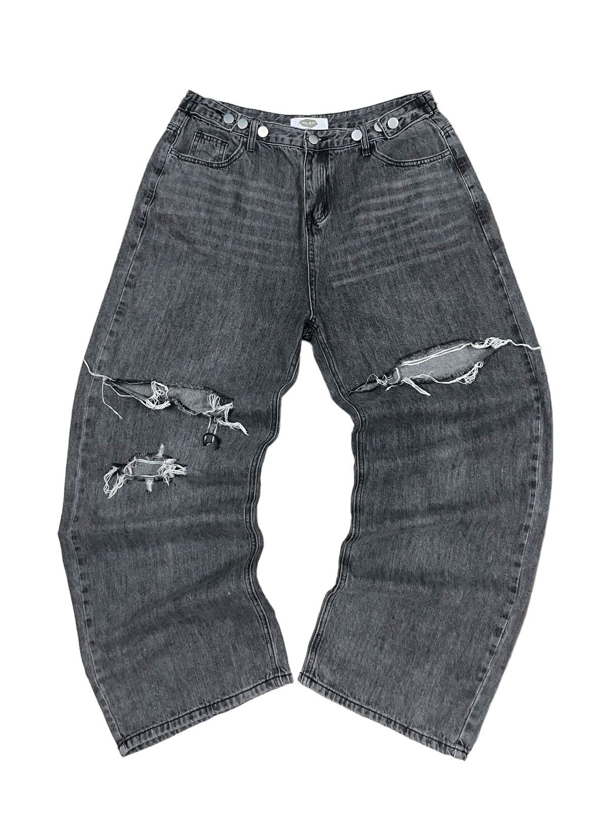 14th Addiction Japanese Brand Grey Wash Distressed Adjustable Baggy Jeans Size US 33 - 2 Thumbnail