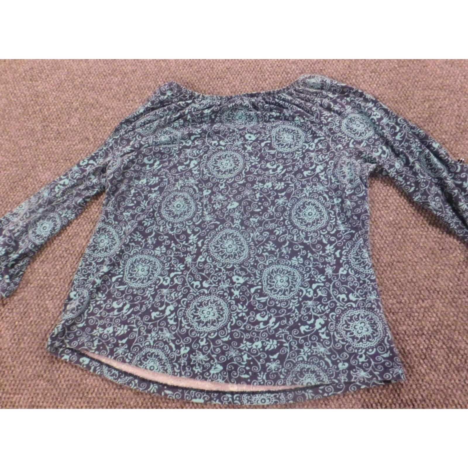Vintage Kim Rogers Blouse L Womens Blue Floral Crew Neck Pullover Stretch Casual Regular Satin? (Note: Contains rayon and cotton; cap sleeves) Size L / US 10 / IT 46 - 6 Thumbnail