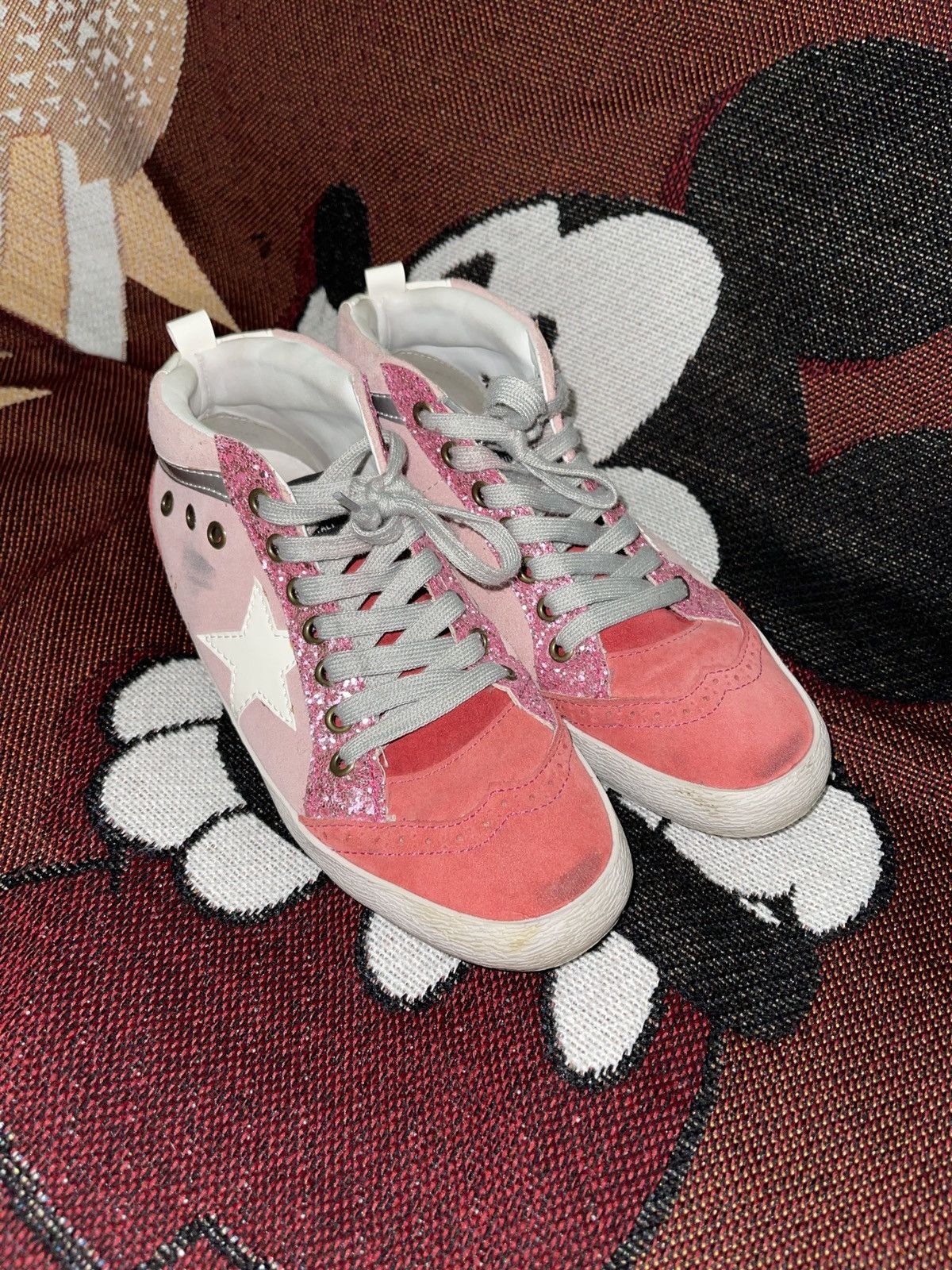 Golden Goose Mid/Star Pink Glitter Suede Sneakers