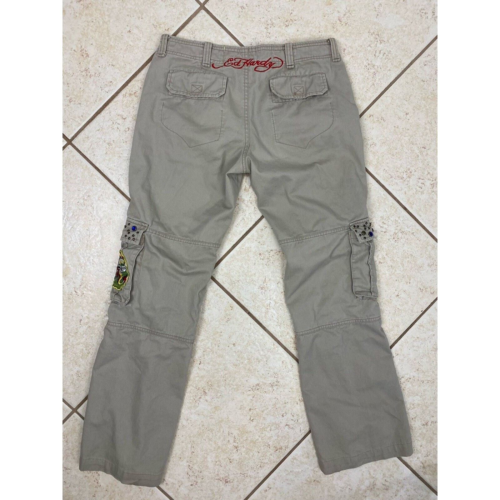 Ed Hardy VTG Ed Hardy Khaki Cargo Pants 27 Skull Patches Rhinestone Size 27" / US 4 / IT 40 - 10 Thumbnail