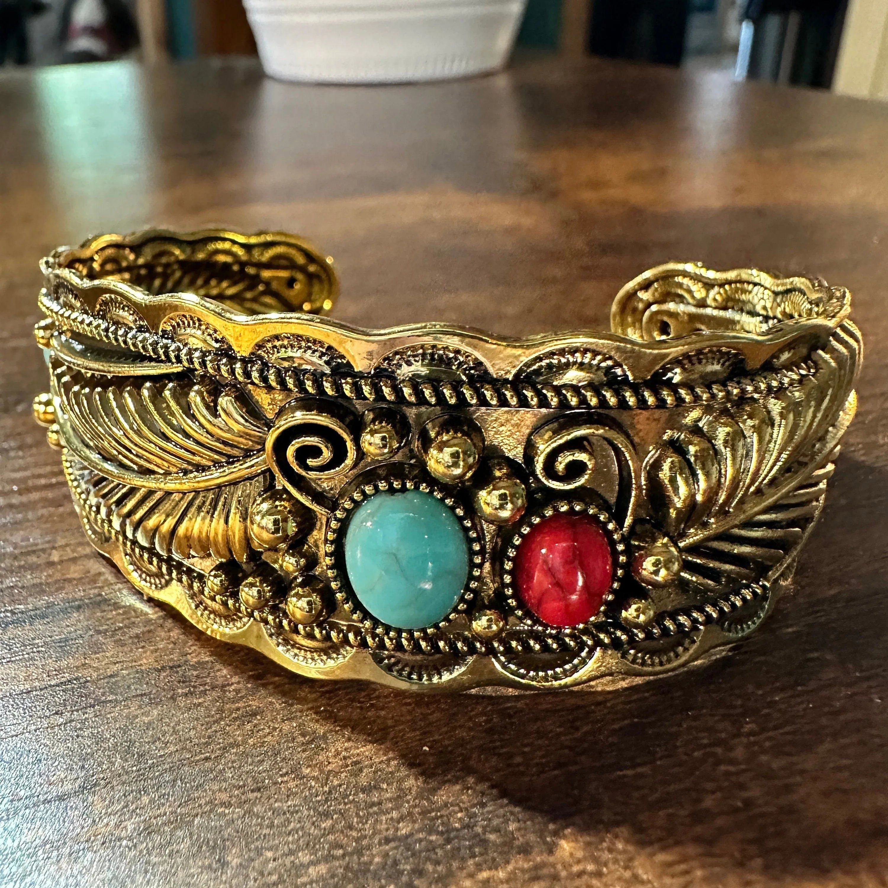 Other Handcrafted Boho Native American Bracelet, Gold Plated Turqu Size ONE SIZE - 4 Thumbnail