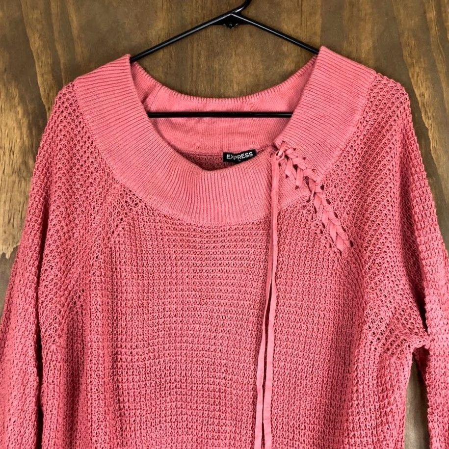 Express Express Sweater Pink Scoop Neck Tie Shoulder Open Knit Long Sleeve Small Womens Size S / US 4 / IT 40 - 2 Thumbnail