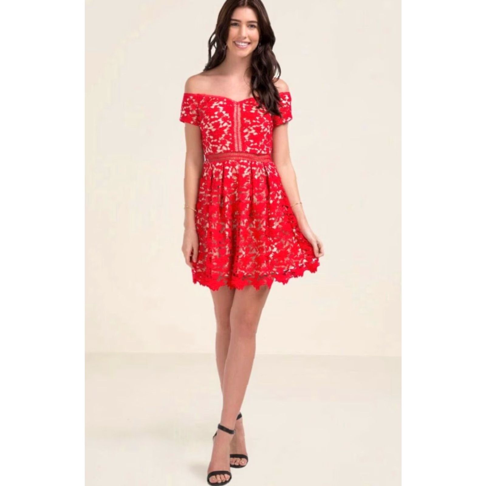 Vintage Francesca's Red Lace Beverly off Shoulder fit flare Cocktail Party Dress XS Womens Size XS / US 0-2 / IT 36-38 - 2 Thumbnail