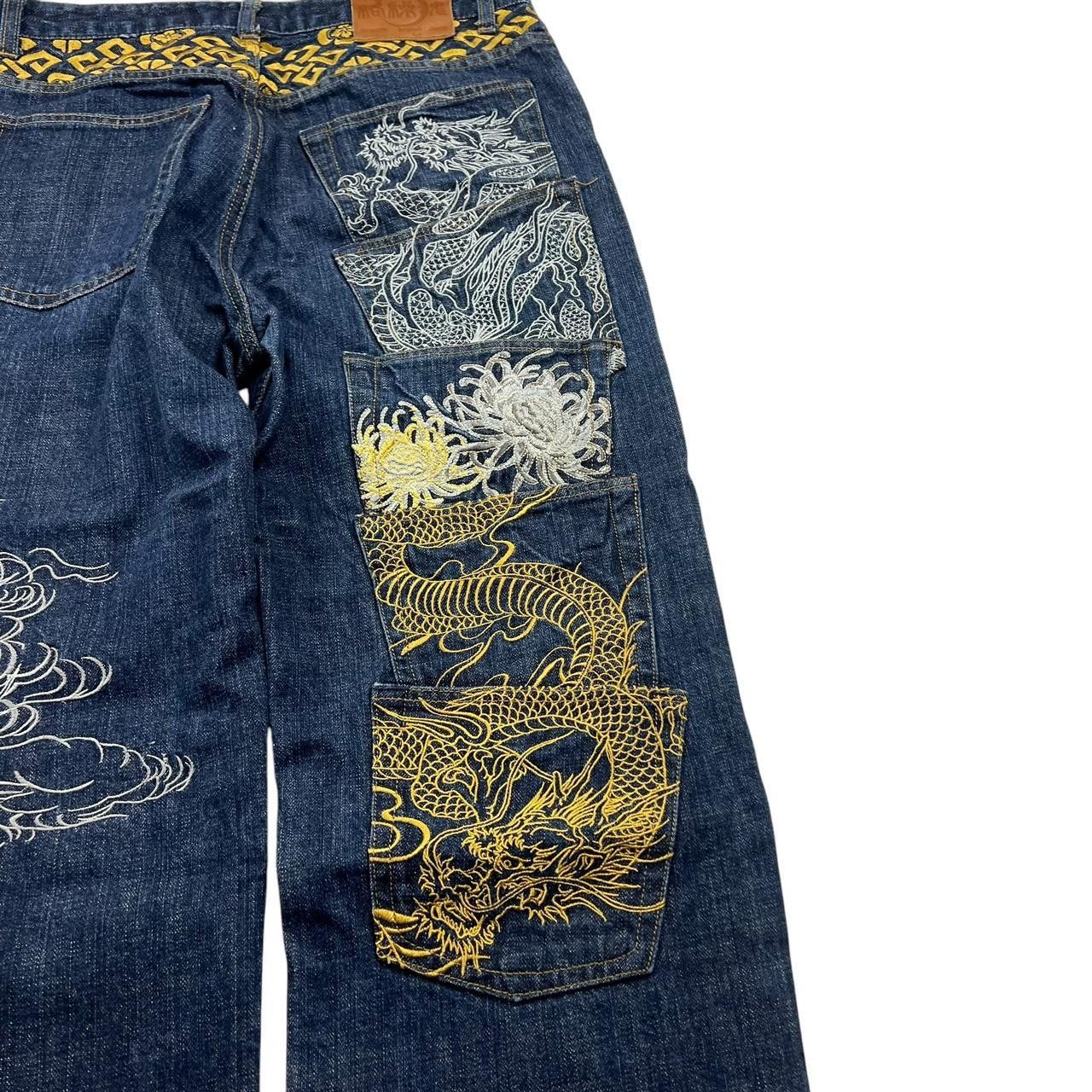 Karakuri Tamashii Vintage Karakuri Embroidered Dragon Japanese Jeans Waist 33 Size US 33 - 2 Thumbnail