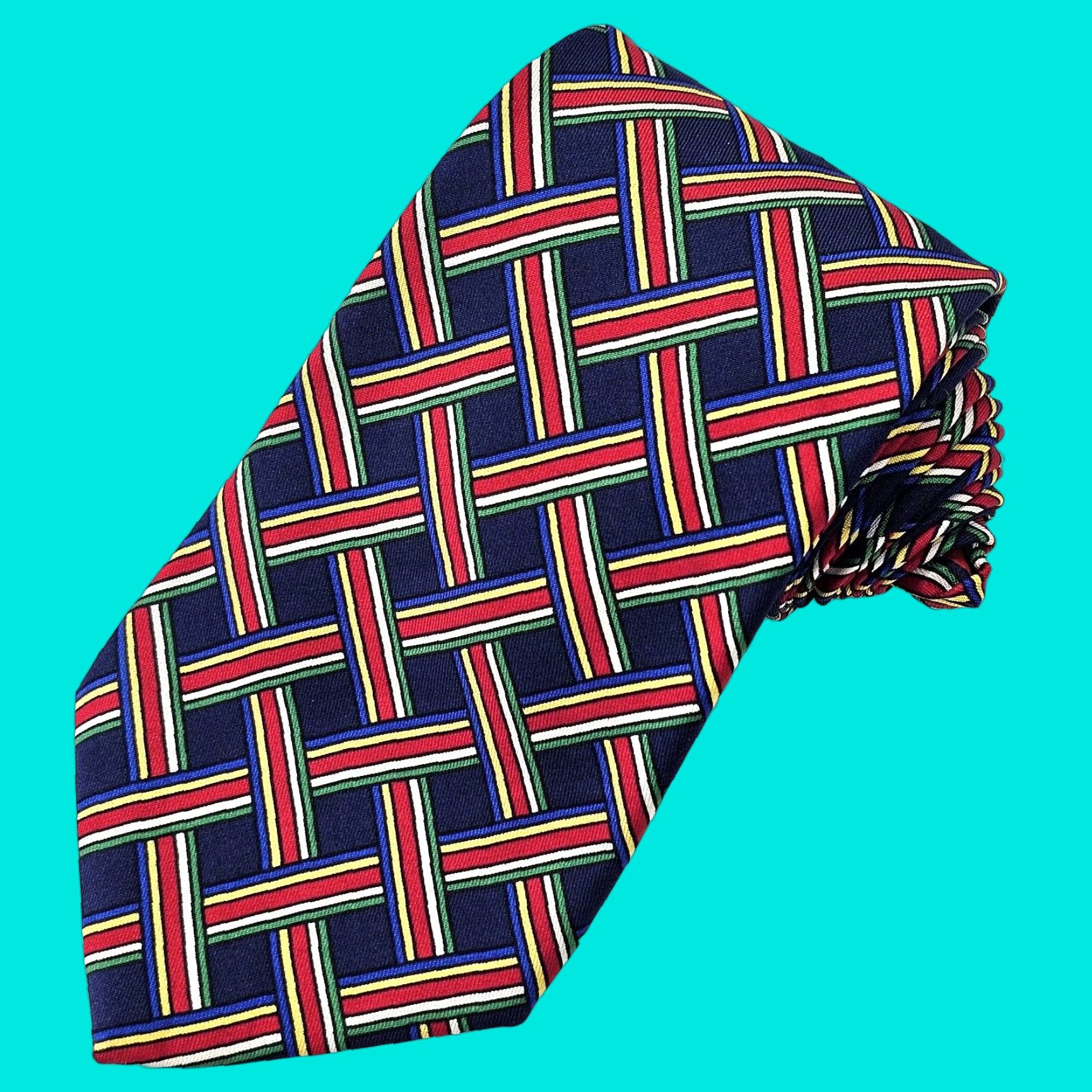 VINTAGE Turnbull & Asser Necktie Tie Geometric Silk Multicolor Basket Weave 58.25