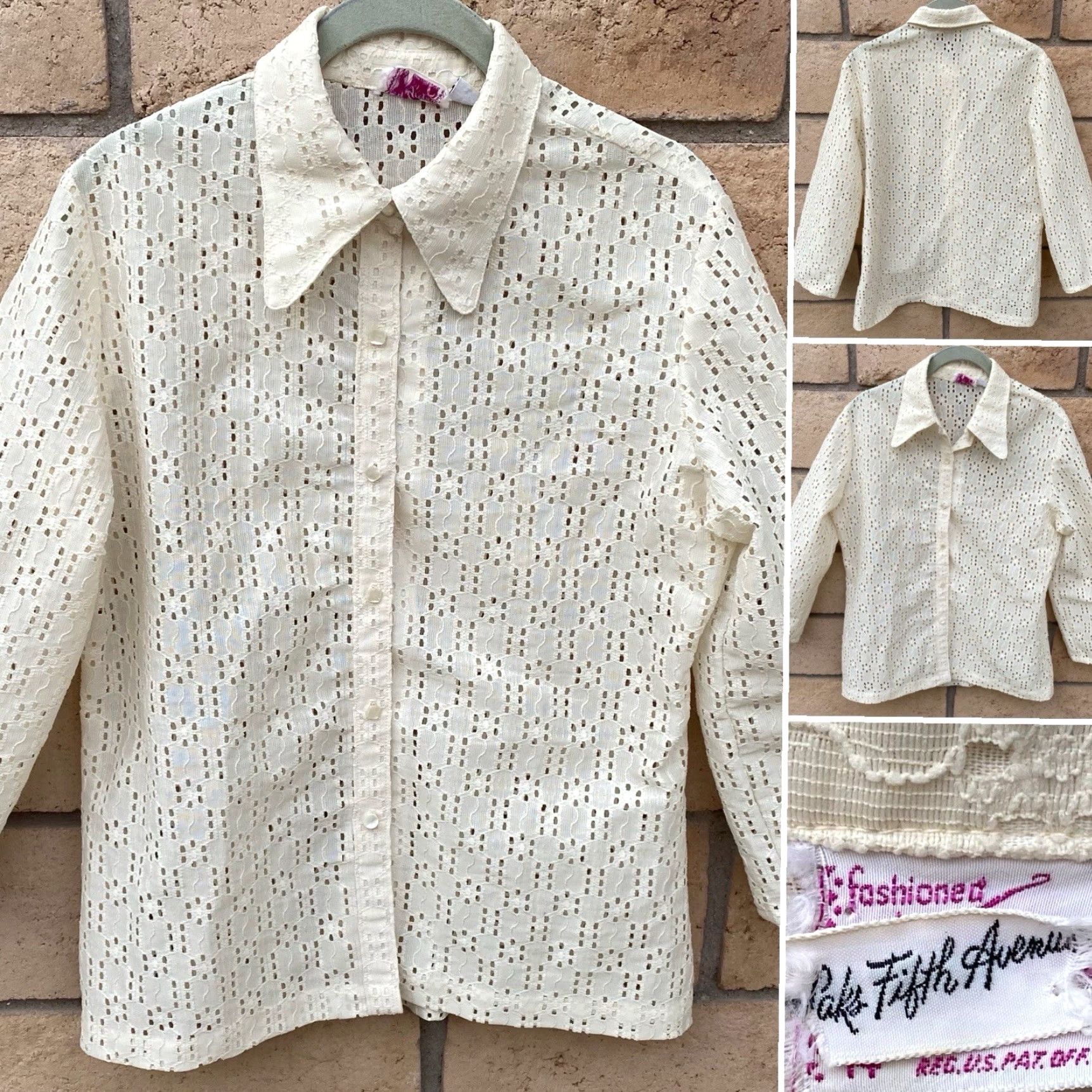 Saks Fifth Avenue VINTAGE Saks Fifth Avenue Eyelet Lace Blouse Mod 14 Shirt 1960s Ivory/Off-White Womens Size XL / US 12-14 / IT 48-50 - 2 Thumbnail