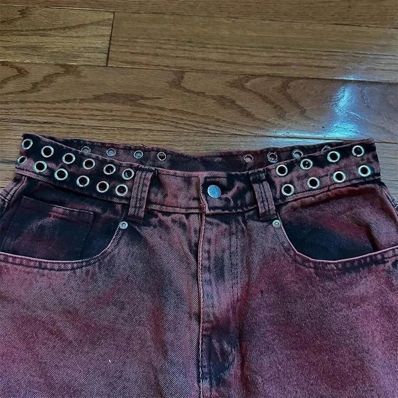 Japanese Brand Y2k baggy jeans washed Red vintage letter print rivet waist Size US 36 / EU 52 - 4 Thumbnail