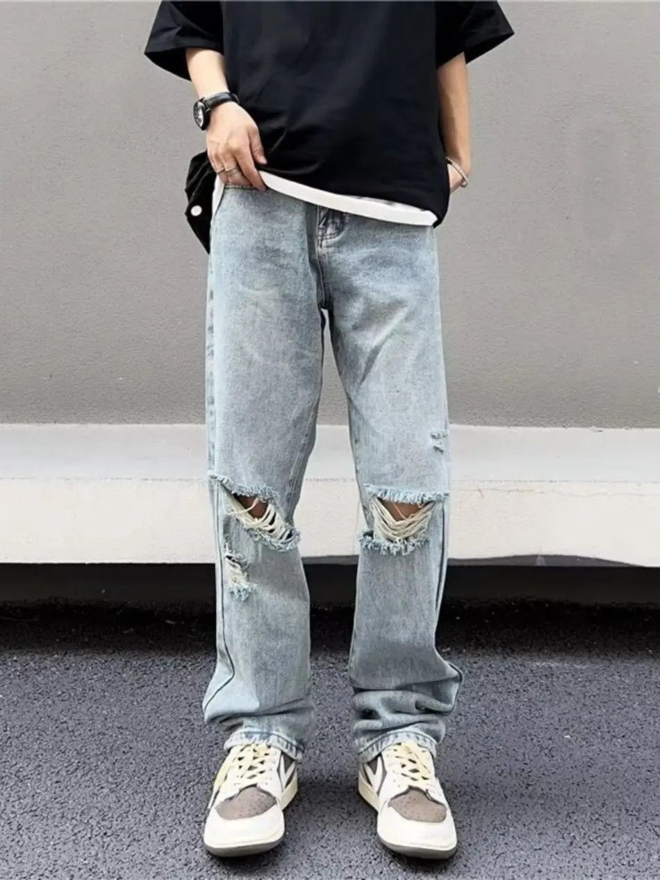 Japanese Brand Retro straight leg loose fitting casual distressed jeans Size US 30 / EU 46 - 5 Thumbnail