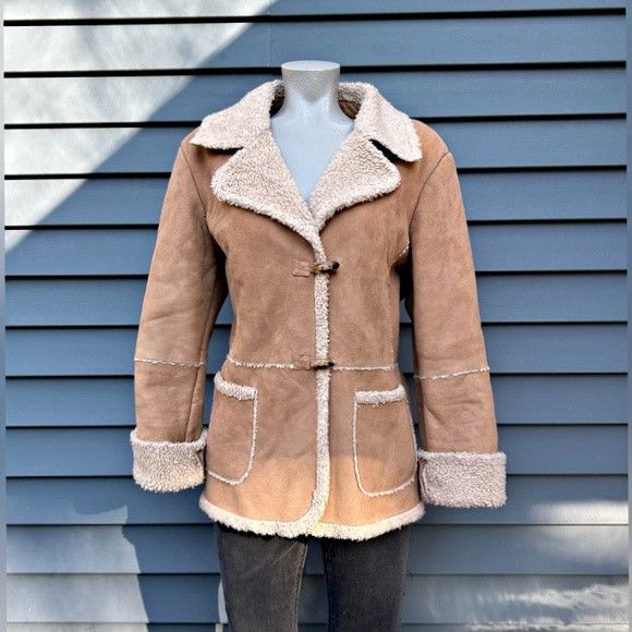 Jones New York Vintage 90s Tan Faux Suede Sherpa Penny Lane Toggle Coat Size L / US 10 / IT 46 - 1 Thumbnail