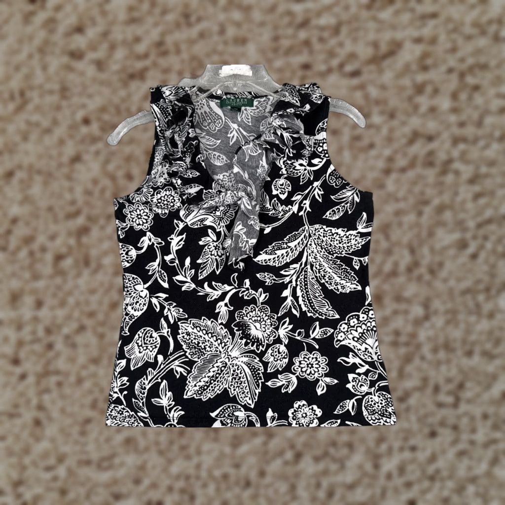 Ralph Lauren VINTAGE Lauren Ralph Lauren Shirt Womens Petite Medium Black Floral Cotton V-Neck Tank Sleeveless Slim Size M / US 6-8 / IT 42-44 - 1 Thumbnail