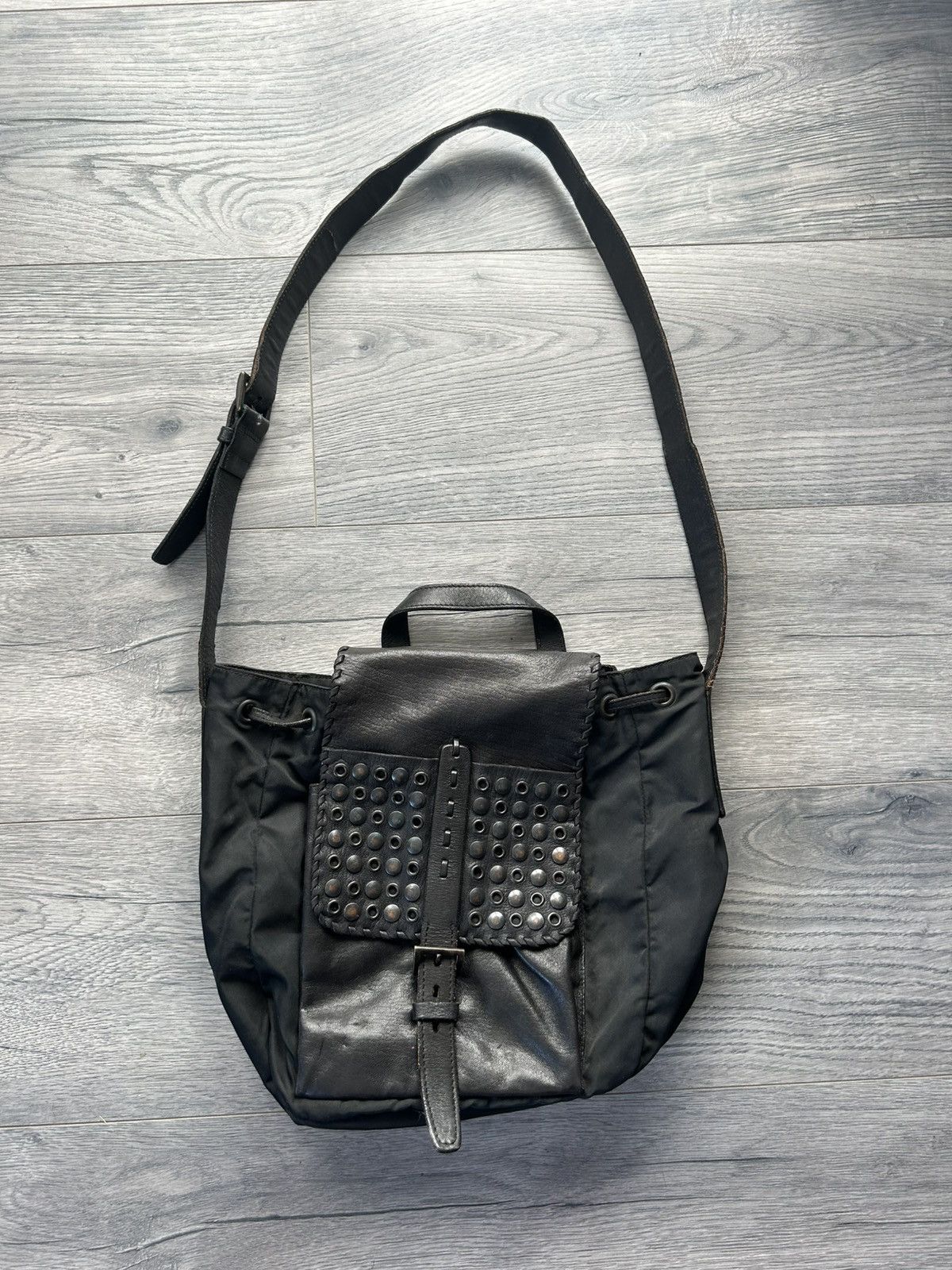 Prada Black Nylon and Leather Shoulder Bag with Studded Pocket Size ONE SIZE - 1 Thumbnail