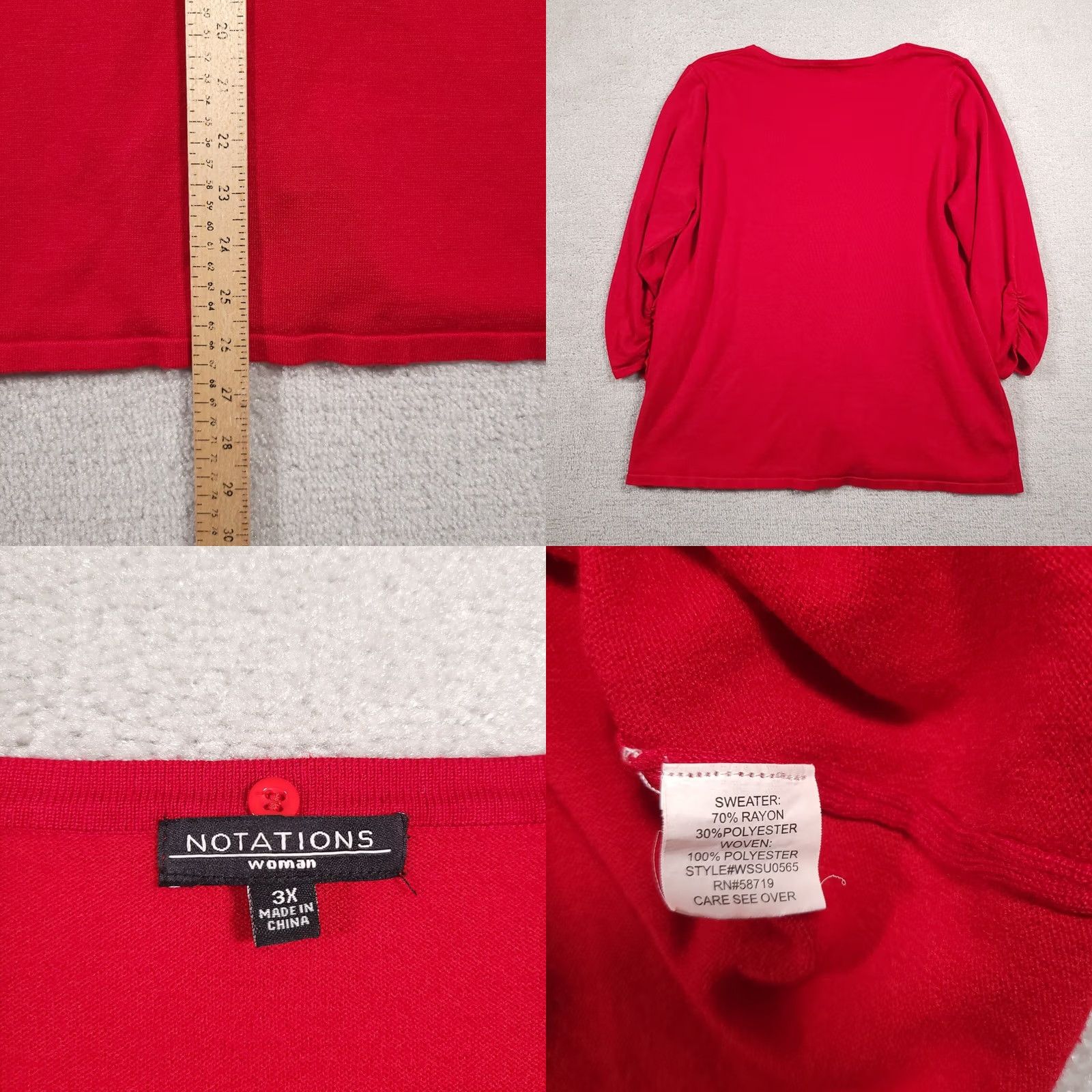 Vintage Notations Sweater Women's 3X Plus Red 3/4 Sleeve Ruched Knit Scoop Neck Size XXL / US 16-18 / IT 52-54 - 8 Thumbnail