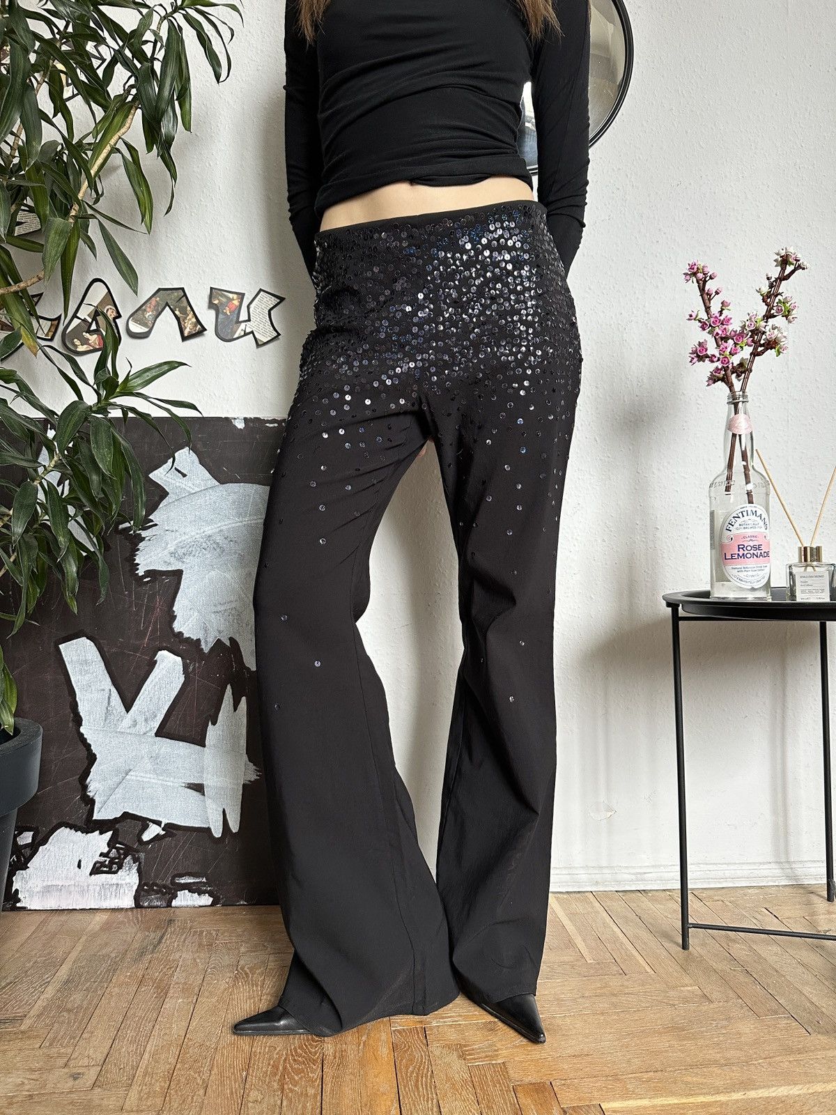Japanese Brand × Vintage Flared Black Bootcut Sequins Y2K Pants Size 30" / US 8 / IT 44 - 1 Thumbnail