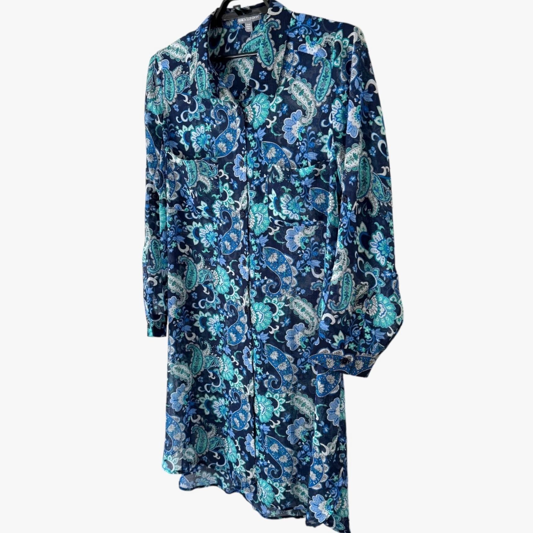 Vintage Jessica London Sheer Crinkle Button-Up Tunic Shirt Blue Floral Women's Size 20 Size 3XL / US 20-22 - 2 Thumbnail