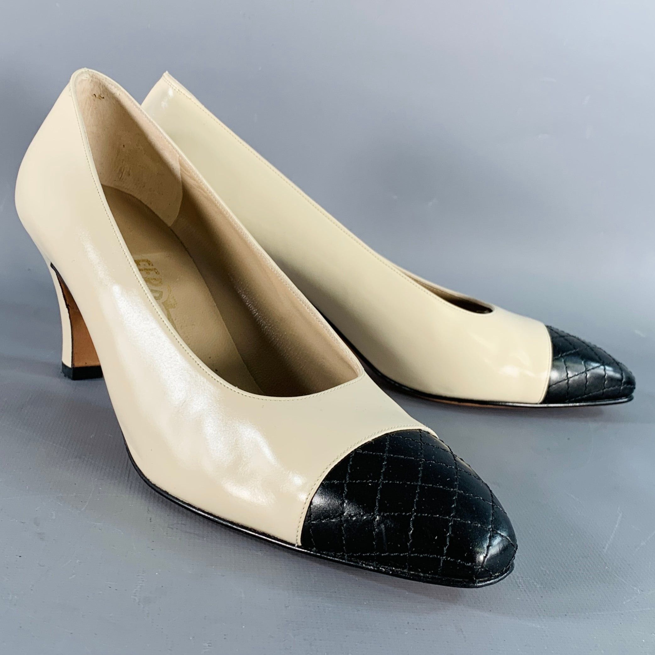 Salvatore Ferragamo 9 Beige Black Leather Quilted Cap Toe Pumps Shoes, Women's