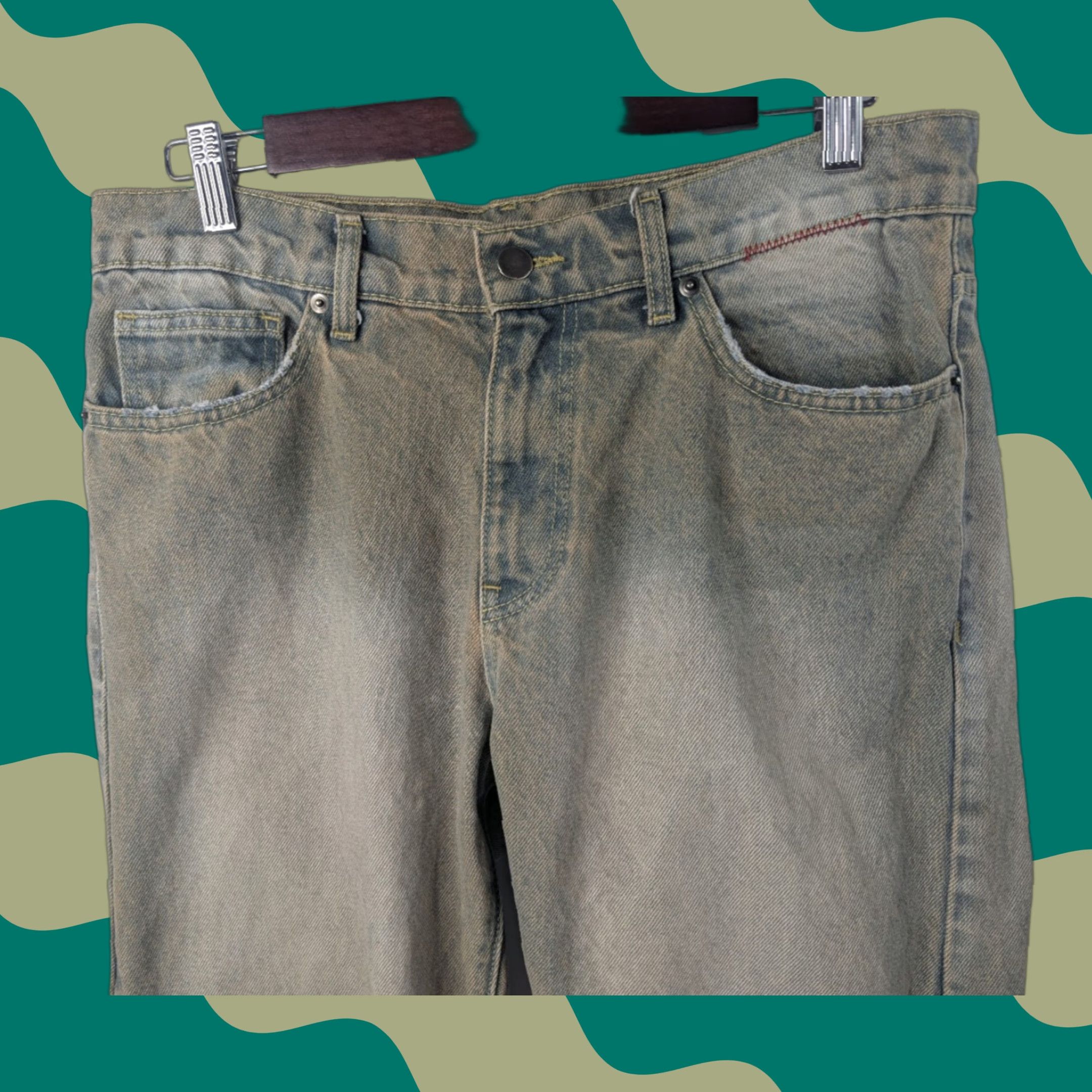 Denime Moojimooji Jeans Mens Aged Sand Distressed Denim Frayed Hem Made USA Streetwear Size US 31 - 1 Thumbnail