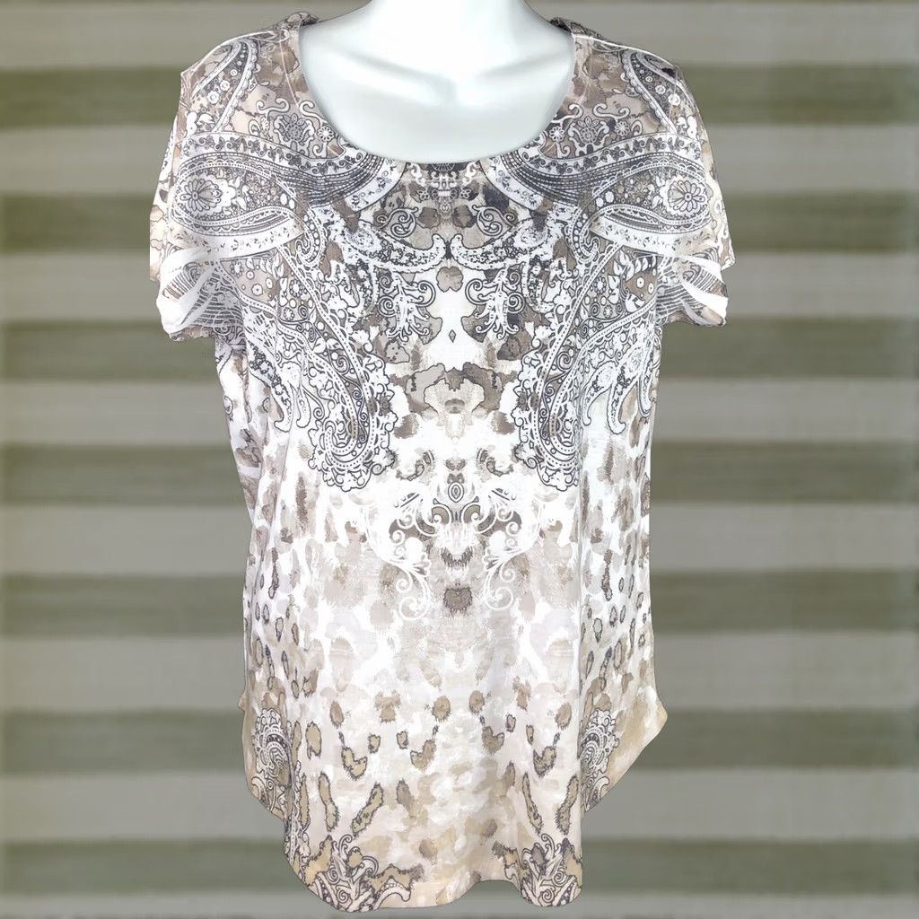 Style & Co Style & Co scoopneck top M brown gray paisley Geo short sleeve beaded tee Boho Casual Womens XS? Size M / US 6-8 / IT 42-44 - 1 Thumbnail