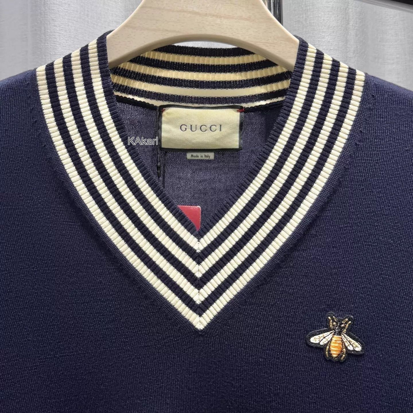 Gucci Blue V-Neck Striped Collar Sweater with Bee XS Size US XS / EU 42 / 0 - 3 Thumbnail