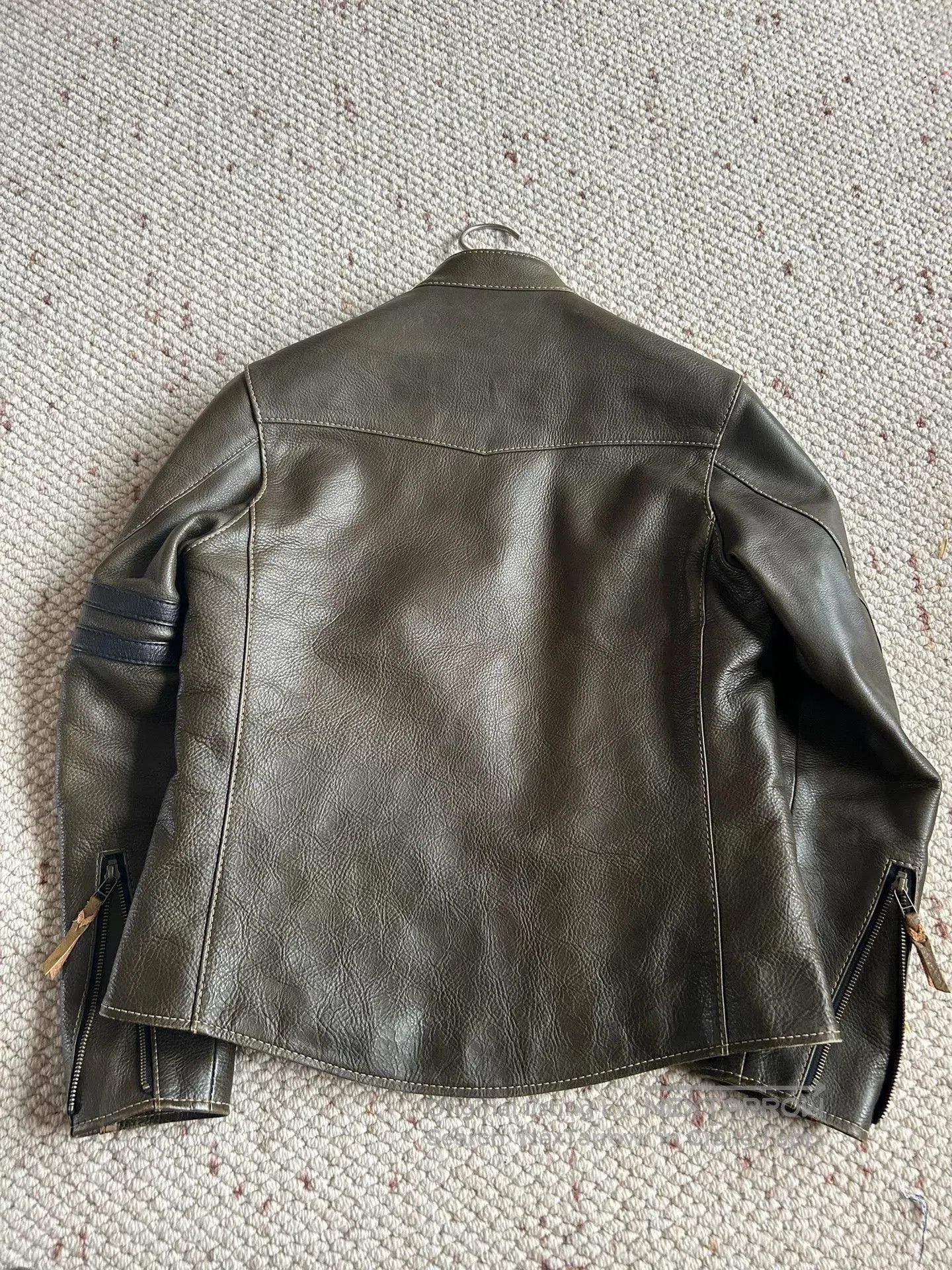 Japanese Brand olive green leather motorcycle jacket. Size US M / EU 48-50 / 2 - 4 Thumbnail