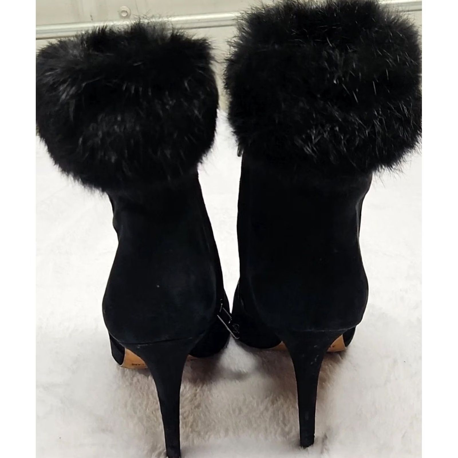 Vintage Antonio Melani Black Suede Leather Fur Trim Stiletto Heel Bootie Women's Shoes Size 6.5 Size US 6 / IT 36 - 6 Thumbnail