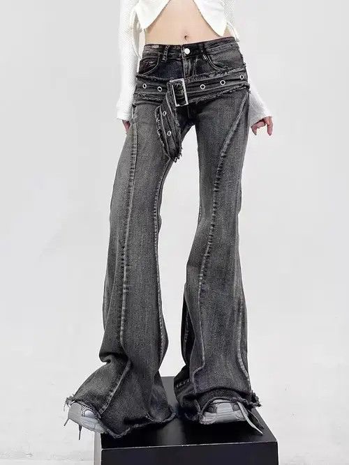 Jean Black Micro Drag Micro Flare Belt Design Jeans Size US 32 / EU 48 - 5 Thumbnail