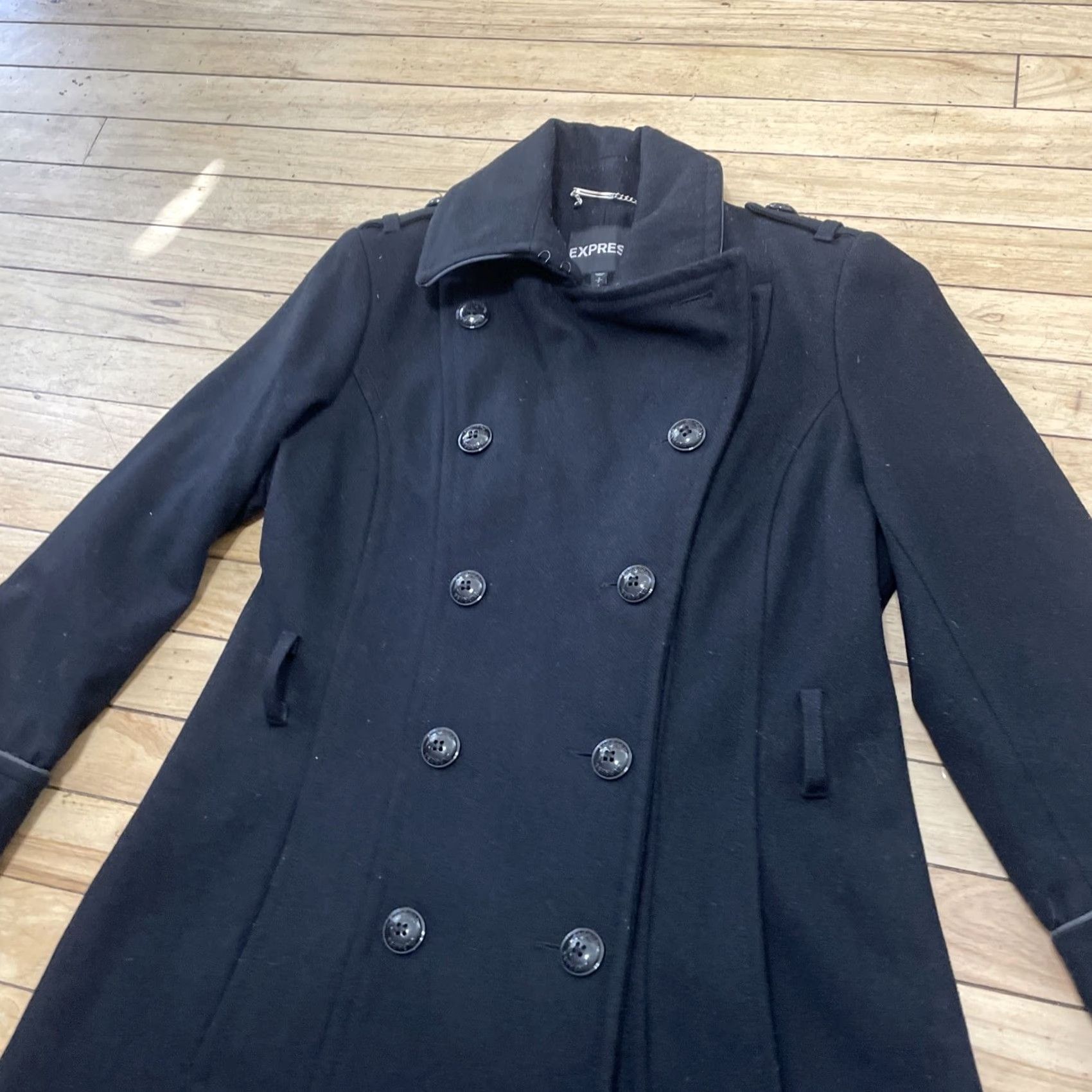 Express VINTAGE Express Wool Trench Peacoat Women S Black 10 Button Leopard Cheetah Lined Heavy Overcoat w/o Belt Coat Women Black xs? Size S / US 4 / IT 40 - 4 Thumbnail