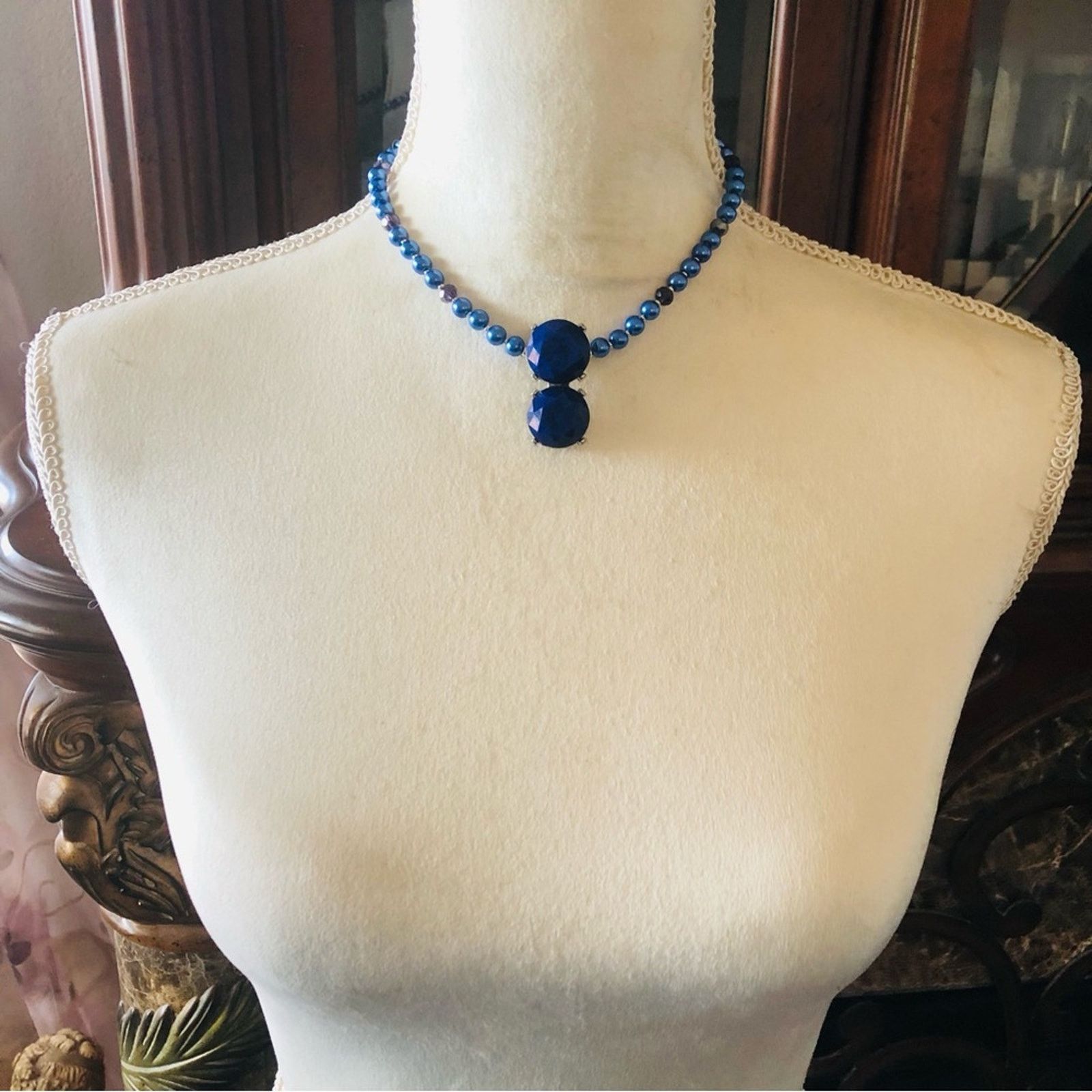 Handmade Handcrafted repurpose royal blue stone Pearl necklace Size ONE SIZE - 5 Thumbnail
