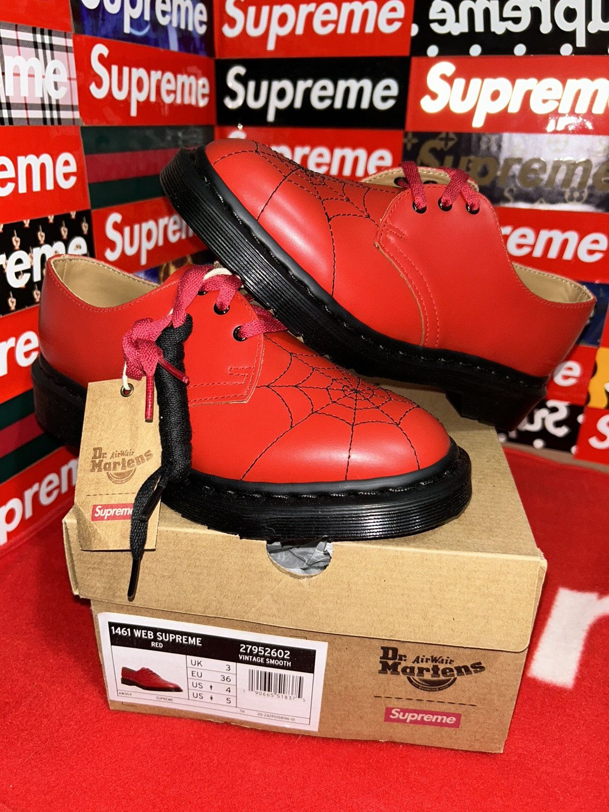 Supreme Supreme x Dr Martens Spiderweb Red 3-Eye Shoes size 4 | Grailed